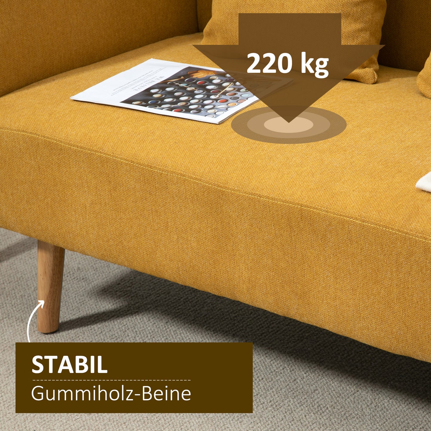 HOMCOM Sofa 2 Sitzer Couch mit 2 Wurfkissen, Kleine Loveseat mit Samtopik Modern Polstersofa für Wohnzimmer, Schlafzimmer, kleinen Raum, Gelb 130 x 70 x 80 cm