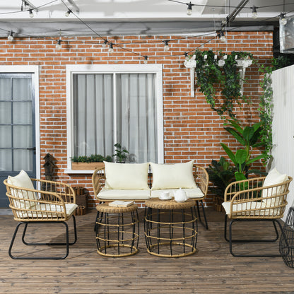 Outsunny Rattansitzgruppe Lounge-Set Outdoor-Sitzgruppe, Boho-Stil, 5-teilges Set, 145 x 70 x 78 cm, Creme + Natur + Schwarz