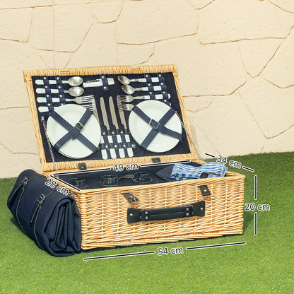Outsunny Picknickkorb aus Weidenholz Picknickkoffer für 4 Personen mit Isoliert Kühlfach Besteck Set Naturholz