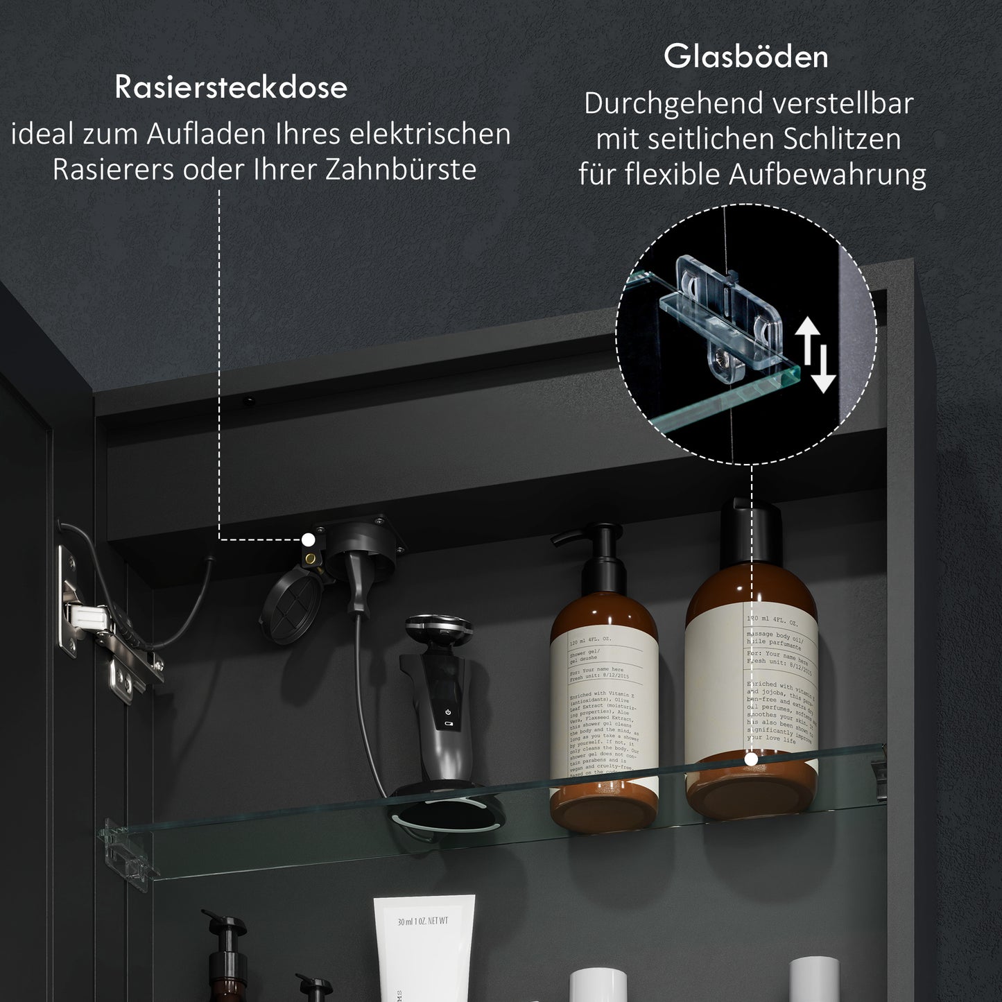 HOMCOM Spiegelschrank, Badschrank mit LED, 50 x 70 cm, dimmbar, Anti-Beschlag, Schwarz