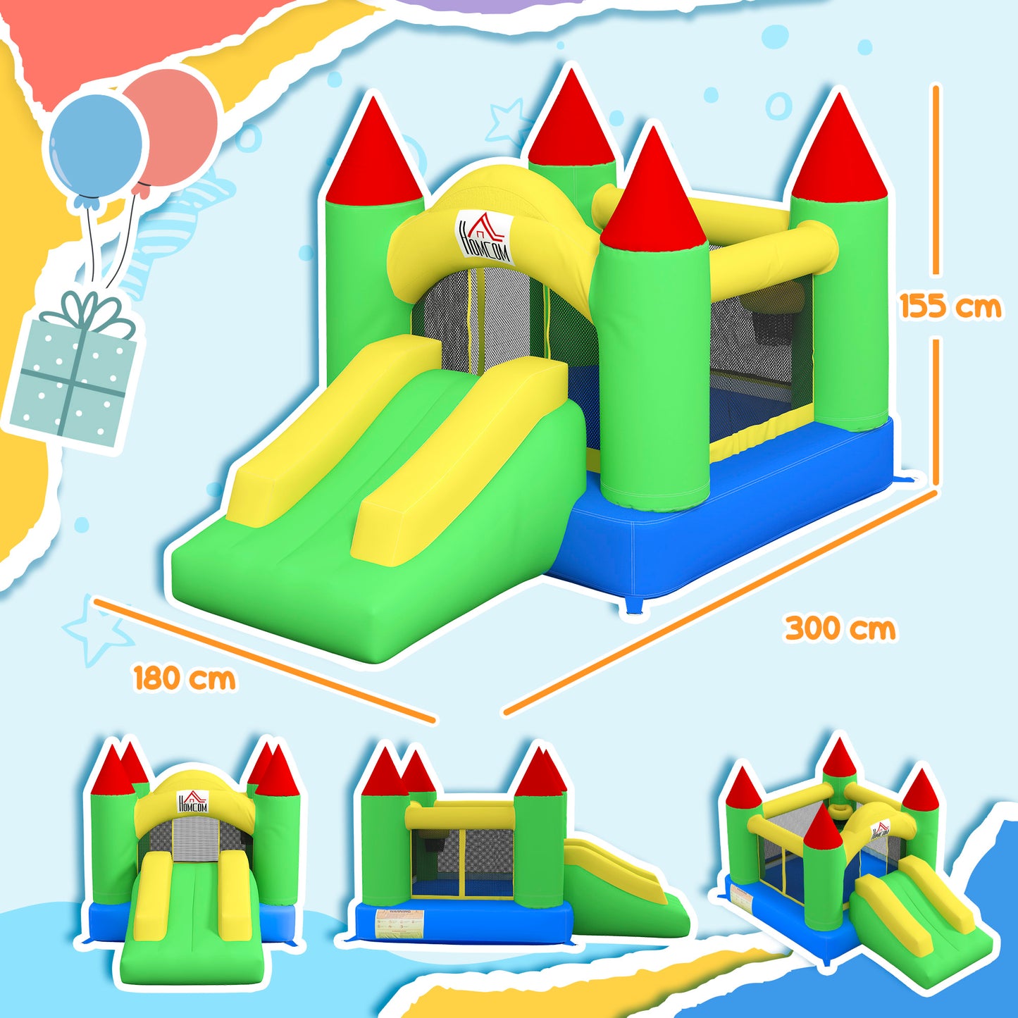 HOMCOM Hüpfburg mit Rutsche und Sicherheitsnetz, bis 100 kg, 3-10 Jahre, 300x180x160cm