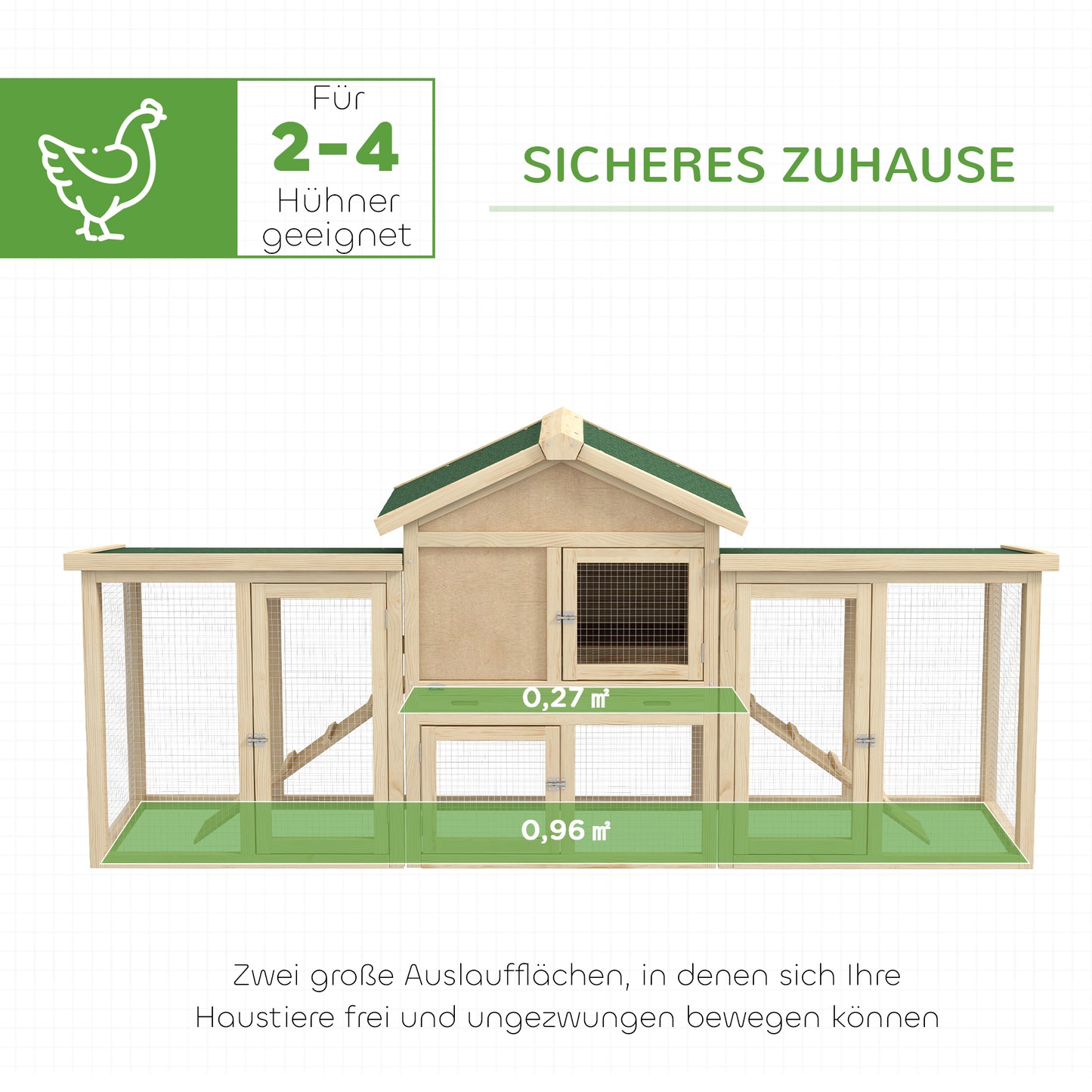PawHut Hühnerstall mit Freigehege, inkl. Nistkasten, Rampe und Bodenwanne Tannenholz Naturholz