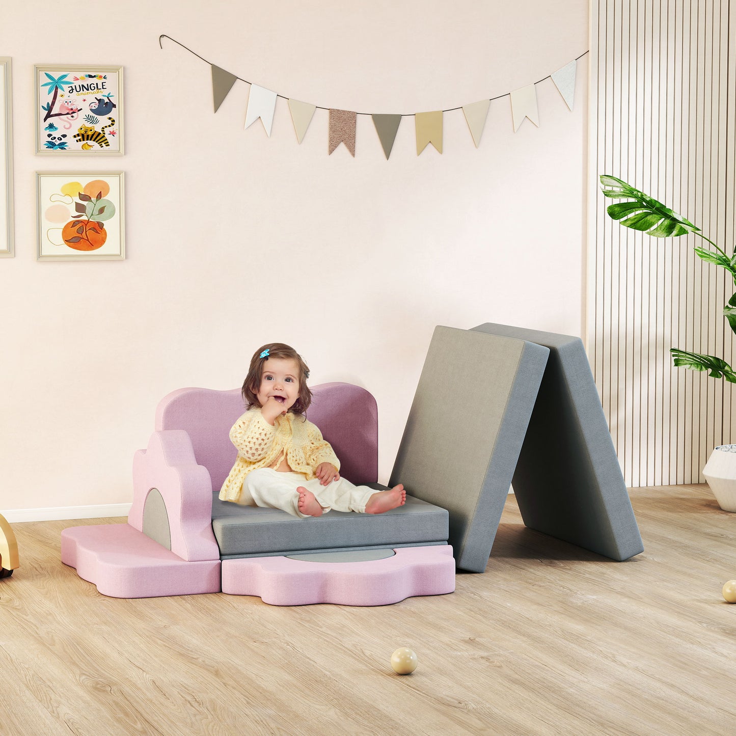 AIYAPLAY 12-teiliges Set Schaumstoffblöcke zum Klettern, Bauen, Krabbeln, Indoor-Spielmatten mit Cordbezug, Grau+Rosa