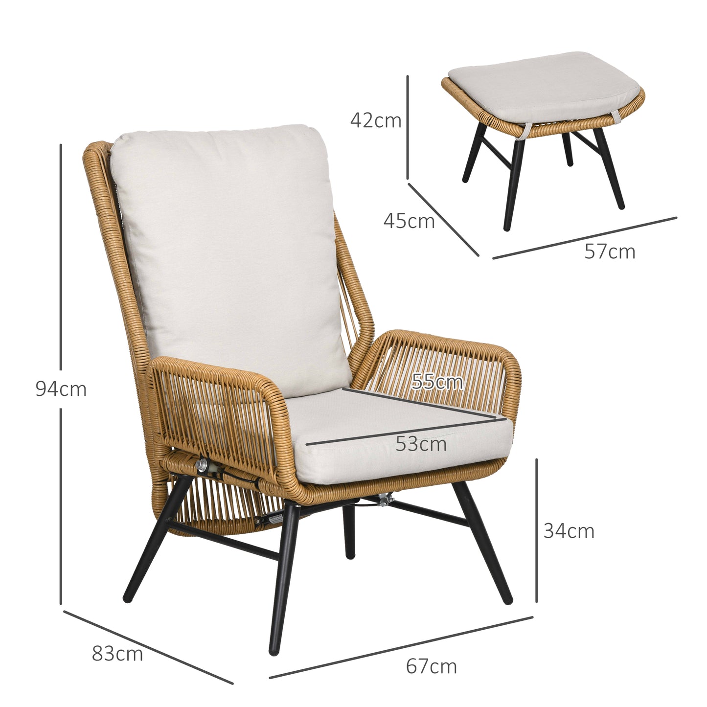 Outsunny Polyrattan Gartenstuhl und Hocker, verstellbare Lehne, Hellbraun/Grau/Schwarz
