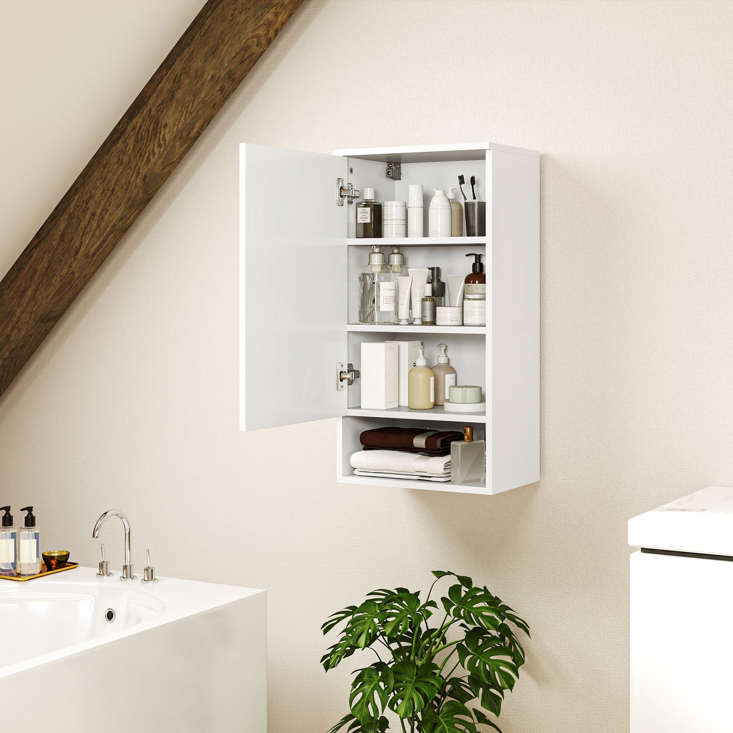HOMCOM Wandmontierter Badezimmerschrank, Wandschrank für Badezimmer mit verstellbaren Ablagen, offenem Fach, Holz, Weiß