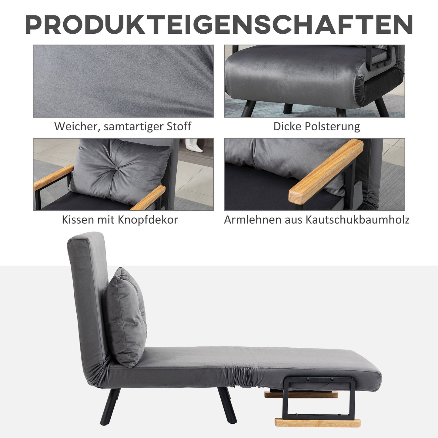 HOMCOM Relaxsessel im Skandidesign, Liegesessel, Lesesessel. ink. Kissen mit Knopfhefung, Schwarz + Natur