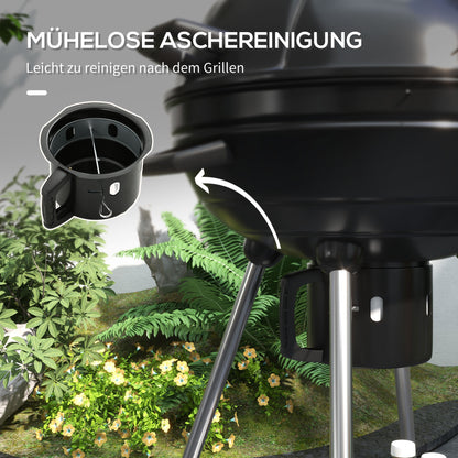 Outsunny Kugelgrill, Ø54 cm Grillrost, Warmhalterost, Ablage, Aschefach, Thermometer, 55 x 65 x 89 cm, Schwarz