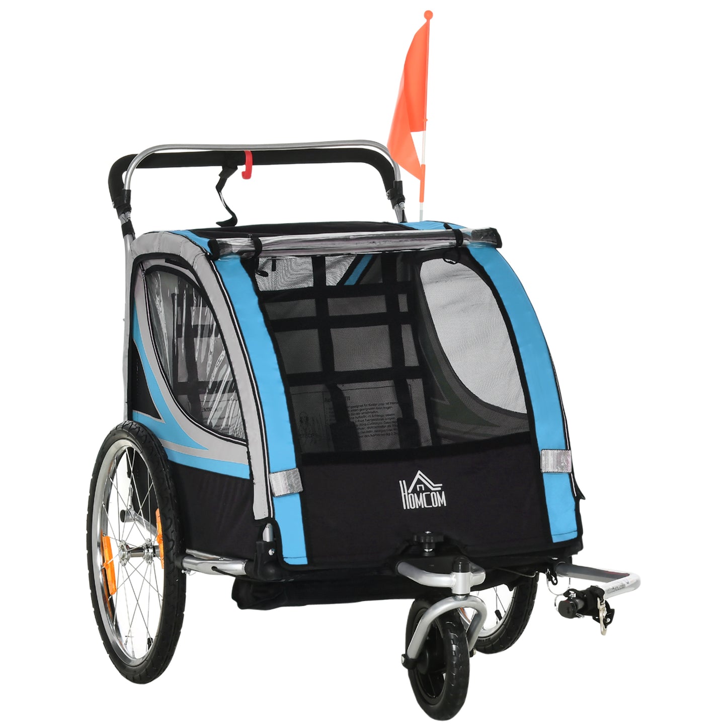 HOMCOM Kinderanhänger, Kinderwagen, 5-Punkt-Sicherheitsgurt, Universalkupplung, Stahl, Blau, 142 x 75 x 101 cm