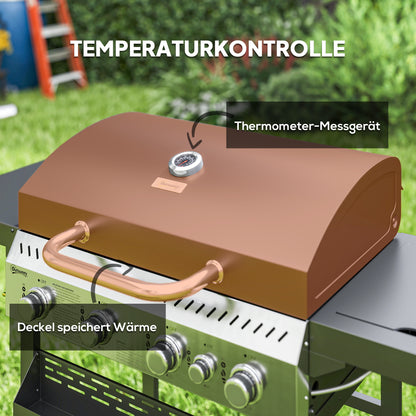 Outsunny Gasgrill, BBQ-Grill, 4 Hauptbrenner, 1 Seitenkocher, 1 Warmhalteplatte; 135 x 55 x 103 cm, Schwarz