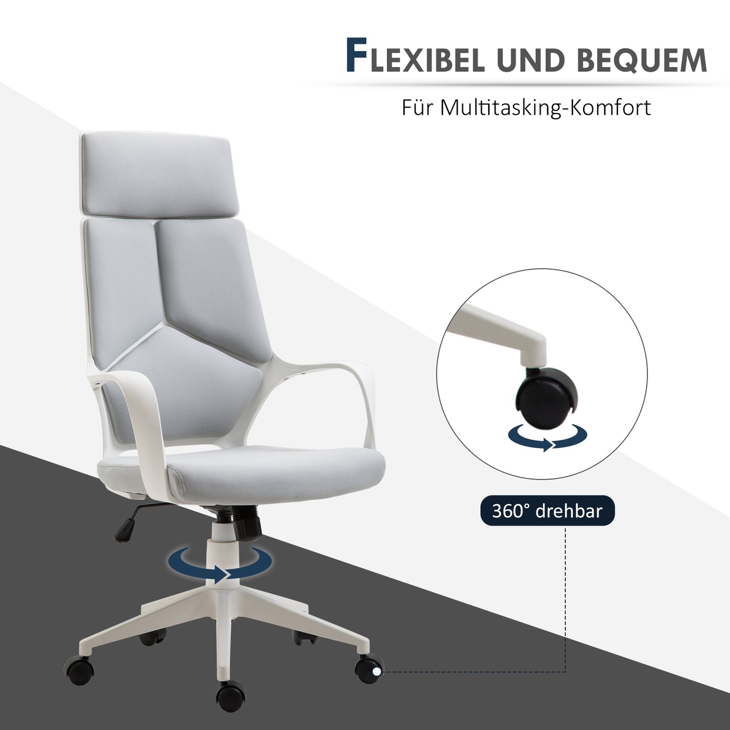 HOMCOM Ergonomischer Bürostuhl, Netz-Gewebe, höhenverstellbar, drehbar, rollbarer Schreibtischstuhl, Grau+Weiß