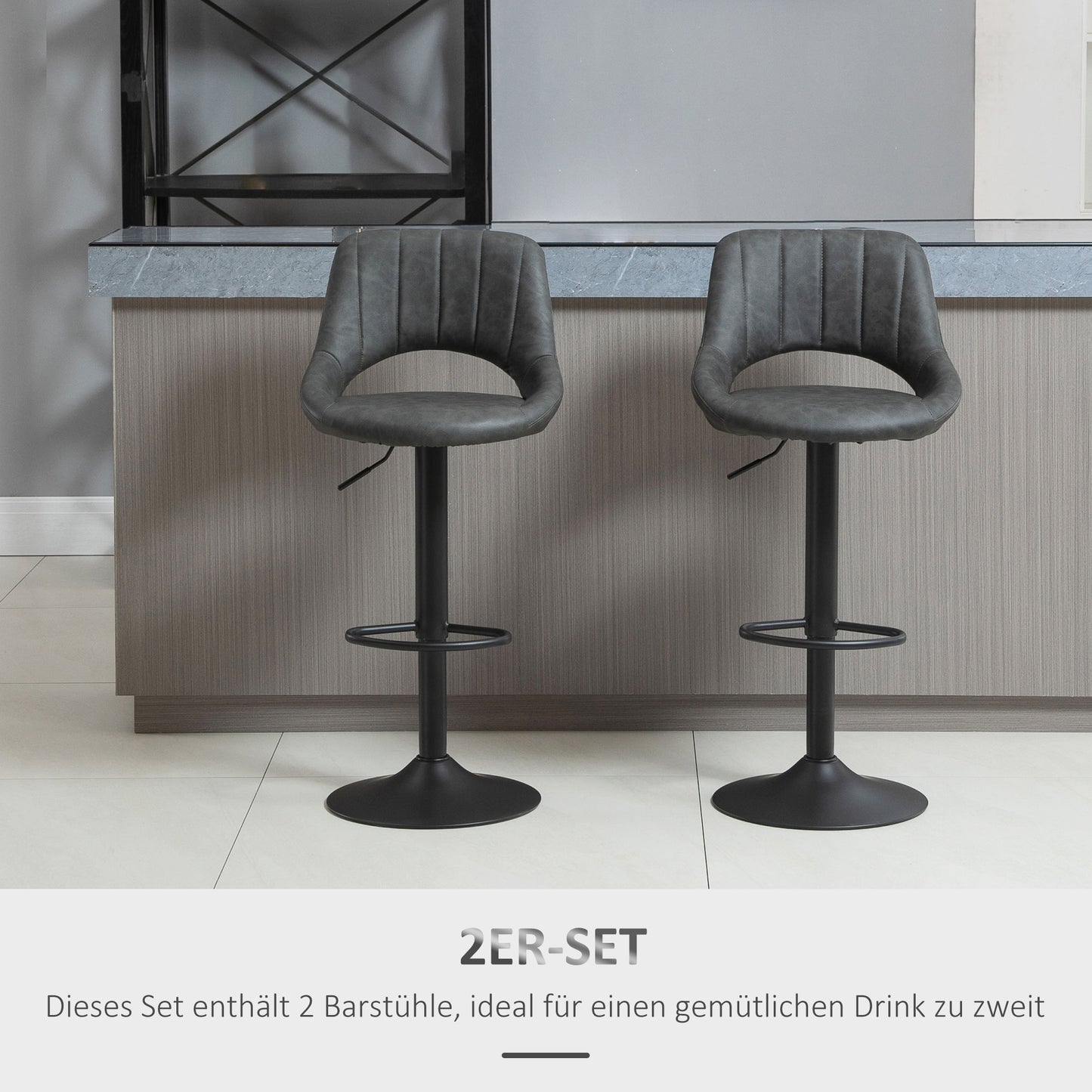 HOMCOM Barhocker 2er-Set, Lederoptik, drehbar, höhenverstellbar, Fußstütze, Metallrahmen, 47 x 52 x 87-109 cm, Grau