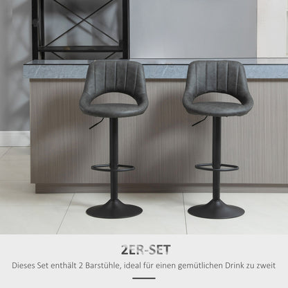 HOMCOM Barhocker 2er-Set, Lederoptik, drehbar, höhenverstellbar, Fußstütze, Metallrahmen, 47 x 52 x 87-109 cm, Grau