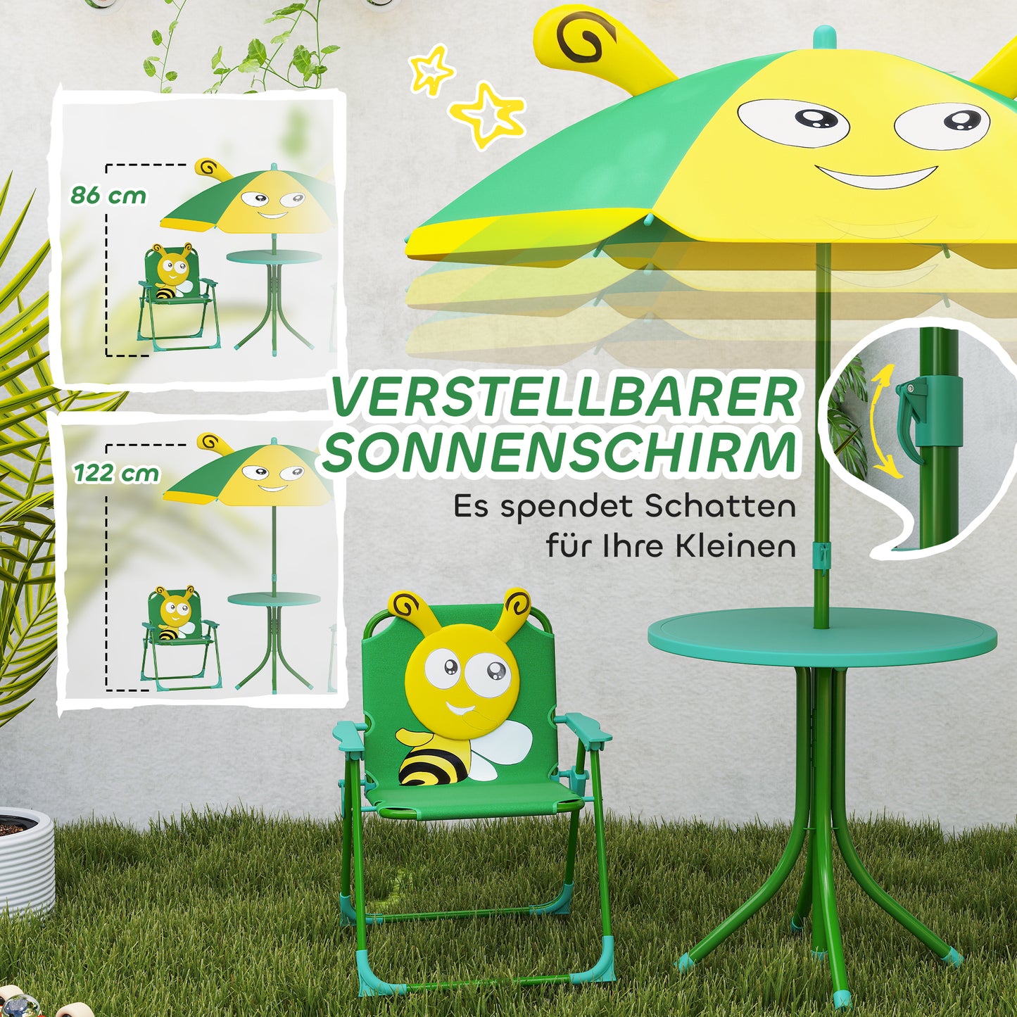 AIYAPLAY Gartenmöbel-Set für Kinder، Stühle، Tisch، Sonnenschirm، Bienen-Design، Grün+Gelb