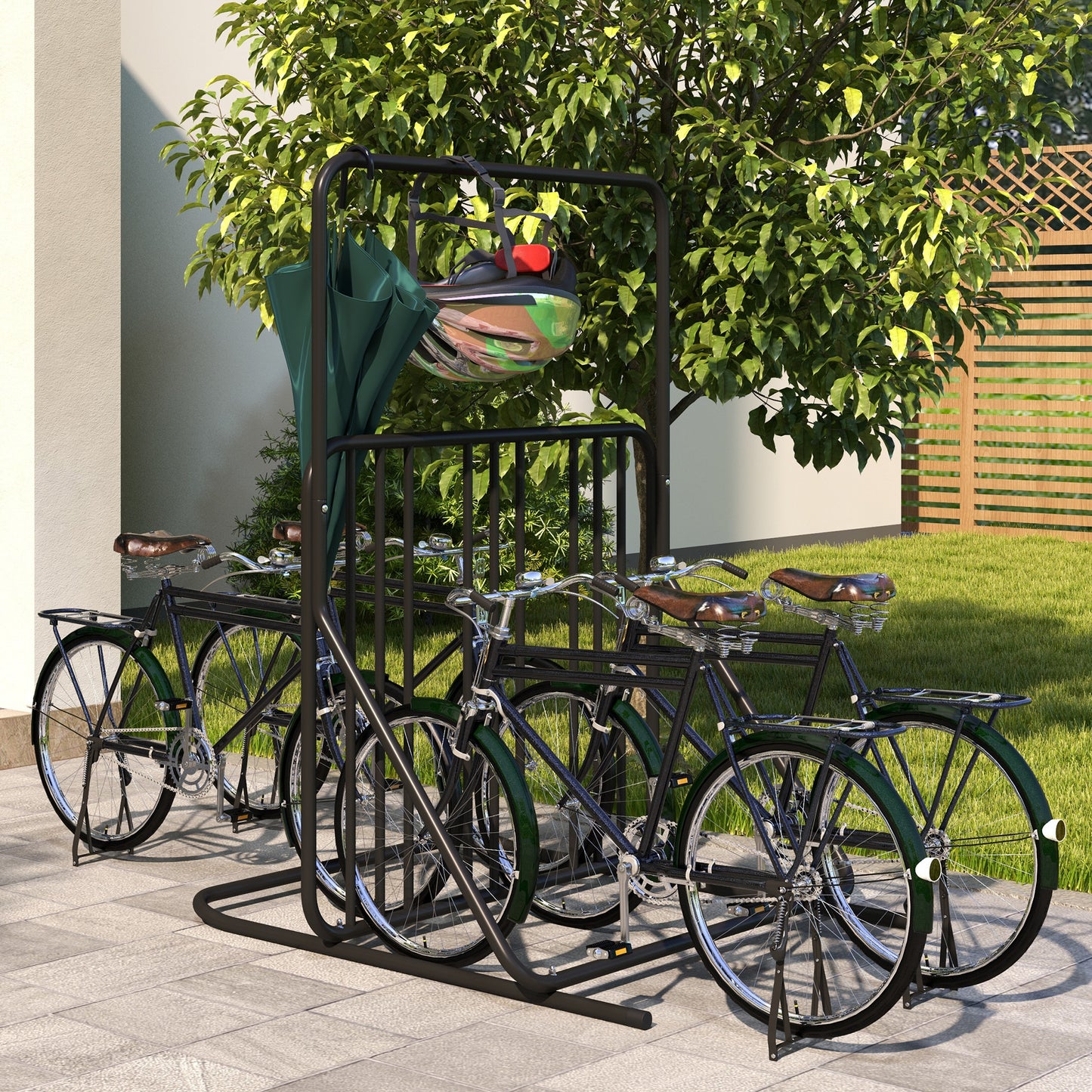 DURHAND Fahrradständer für 4 Fahrräder, wetterbeständig, zusätzliche Halterung, 102 x 92 x 130 cm, Schwarz