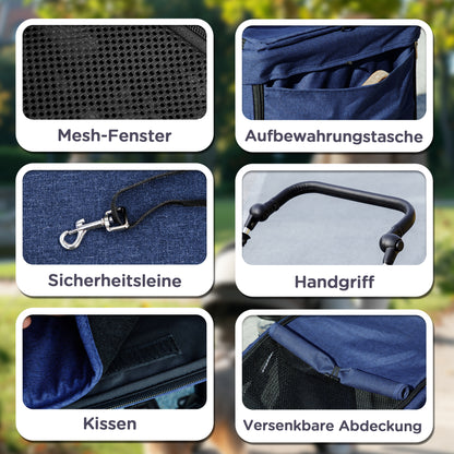 PawHut Hundewagen, Leichter und faltbarer Transportwagen für kleine Hunde, waschbares Kissen, Netzfenster, Dunkelblau