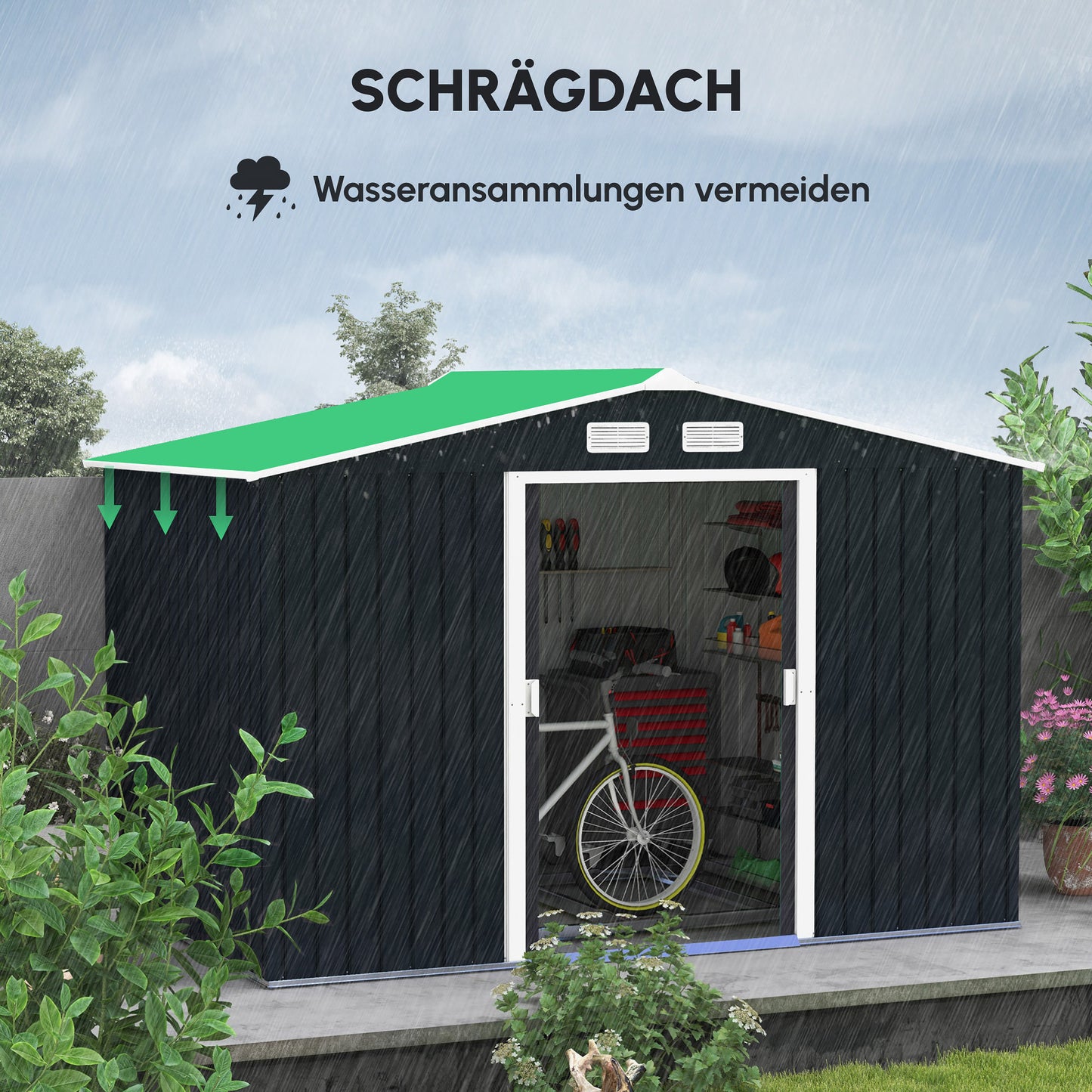 Outsunny Geräteschuppen mit Schiebetüren 2,77 x 1,95 x 1,92 m Metall Kohlegrau