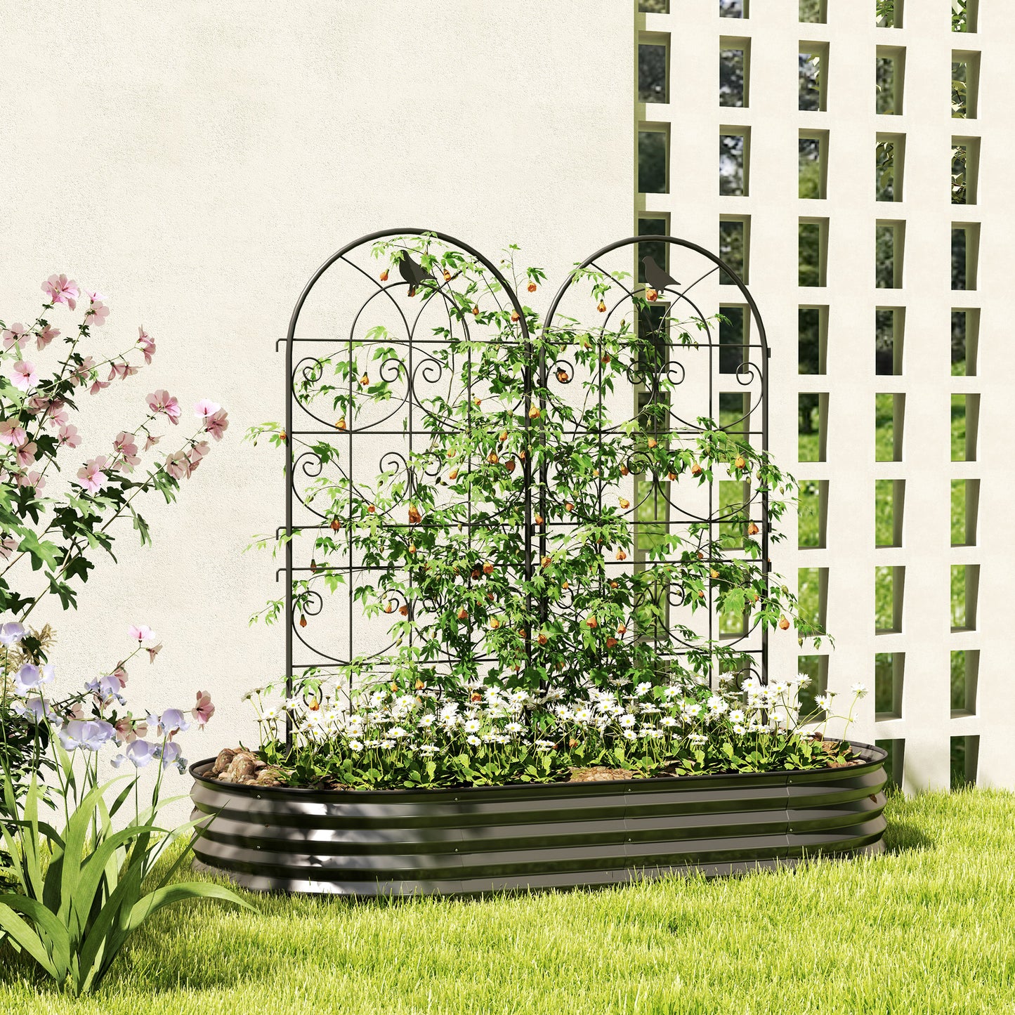 Outsunny Rankgitter Metall 2er Set zum Stecken rostfrei Rankhilfe mit Vogeldesign für Kletterpflanzen 50x120 cm Schwarz