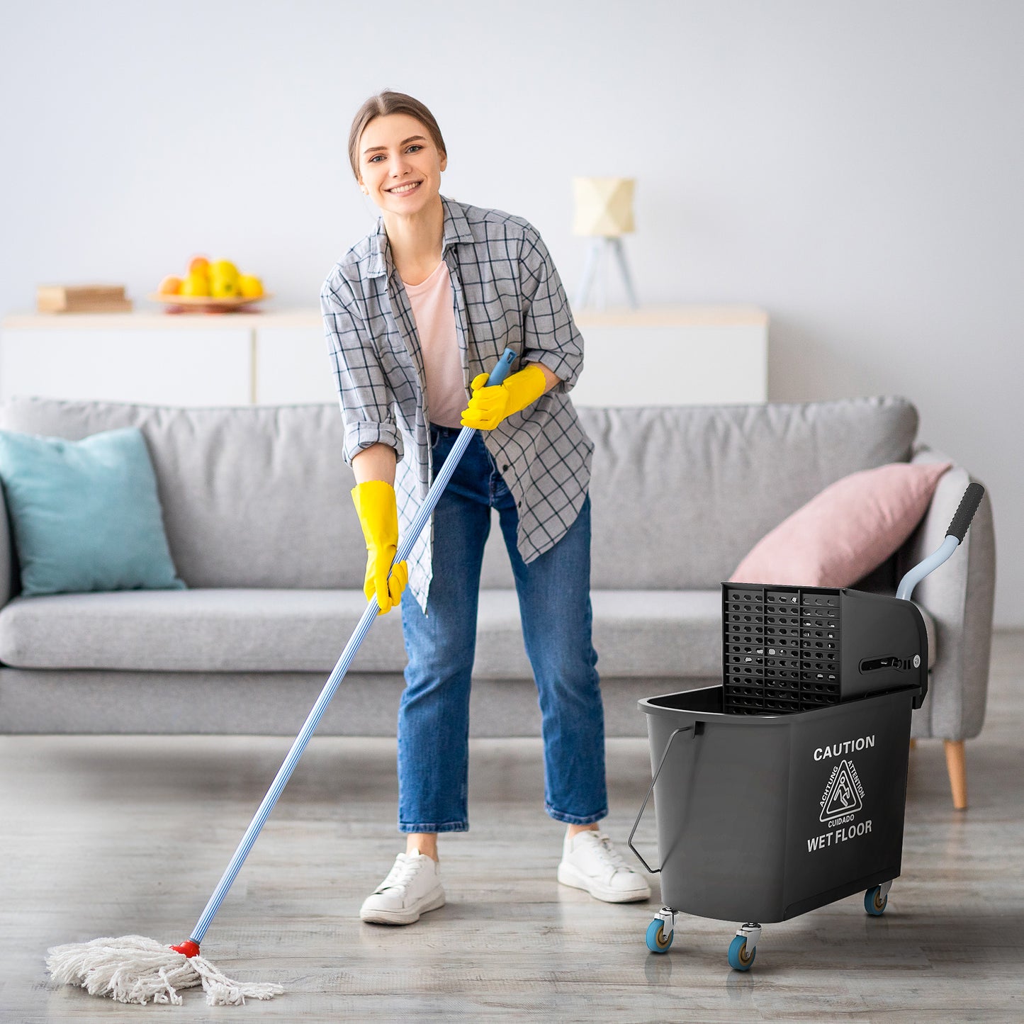 HOMCOM 20 L Mopp-Eimer mit Auswringer und Griff, Wischmopp-Eimer auf Rädern, Kunststoff, Schwarz