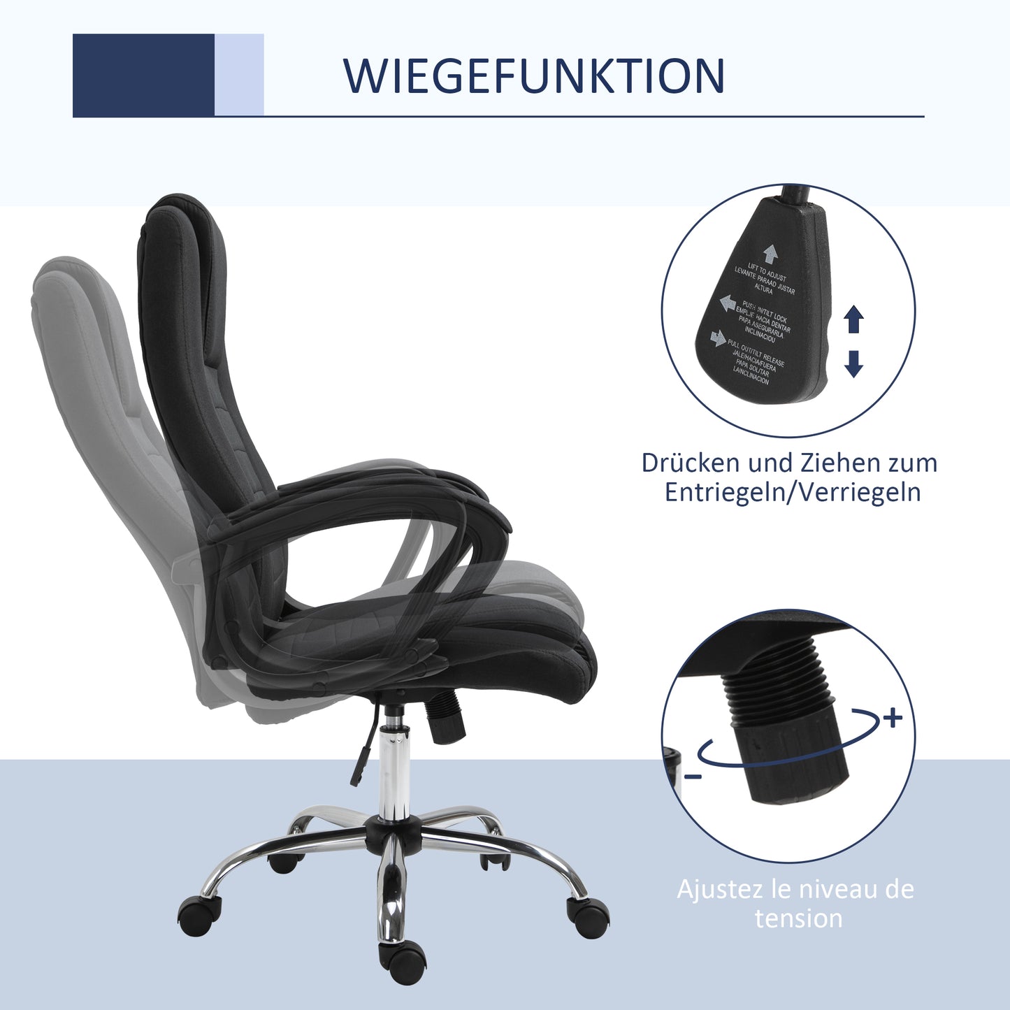 Vinsetto Bürostuhl Computerstuhl mit Wippenfunktion Kopfstütze ergonomischer Schreibtischstuhl drehbar höhenverstellbar Leinen-Touch Schwarz 62 x 76 x 110-119 cm