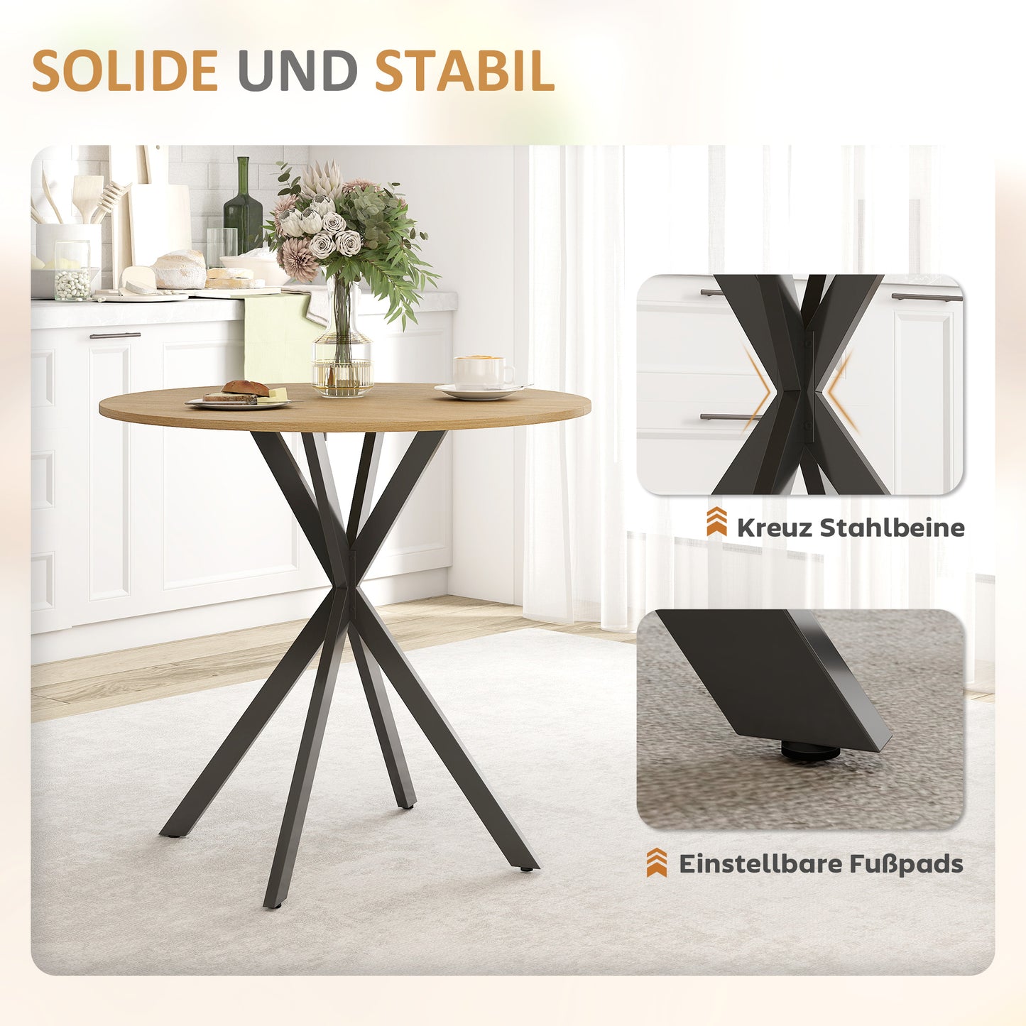 HOMCOM Runder Küchentisch, 80 cm, kompakte Tischplatte, Spanplatte, Metall, Weiße Eiche+Schwarz
