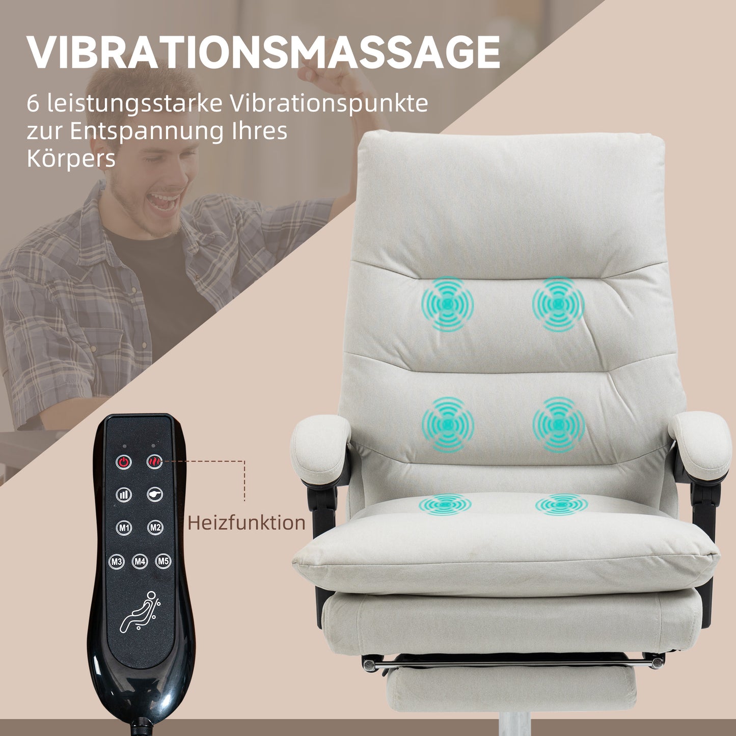 Vinsetto Bürostuhl mit Massagefunktion, beheizbar, neigbar, Kunstleder, 65x72x109-117cm, Cremeweiß
