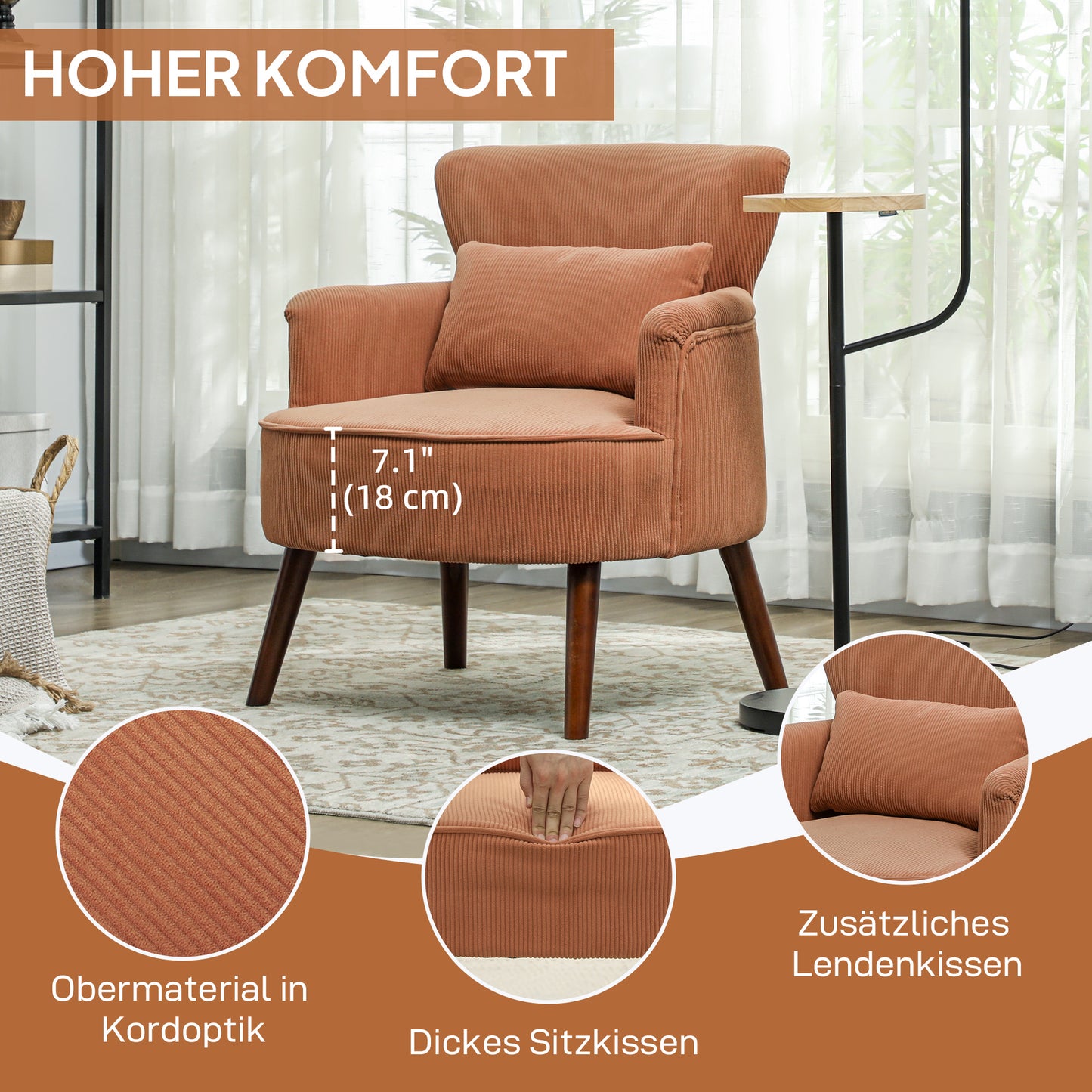 HOMCOM Moderner Armlehnstuhl، Gepolsterter Akzentstuhl mit Lendenkissen، Kautschukholzbeinen، Orange