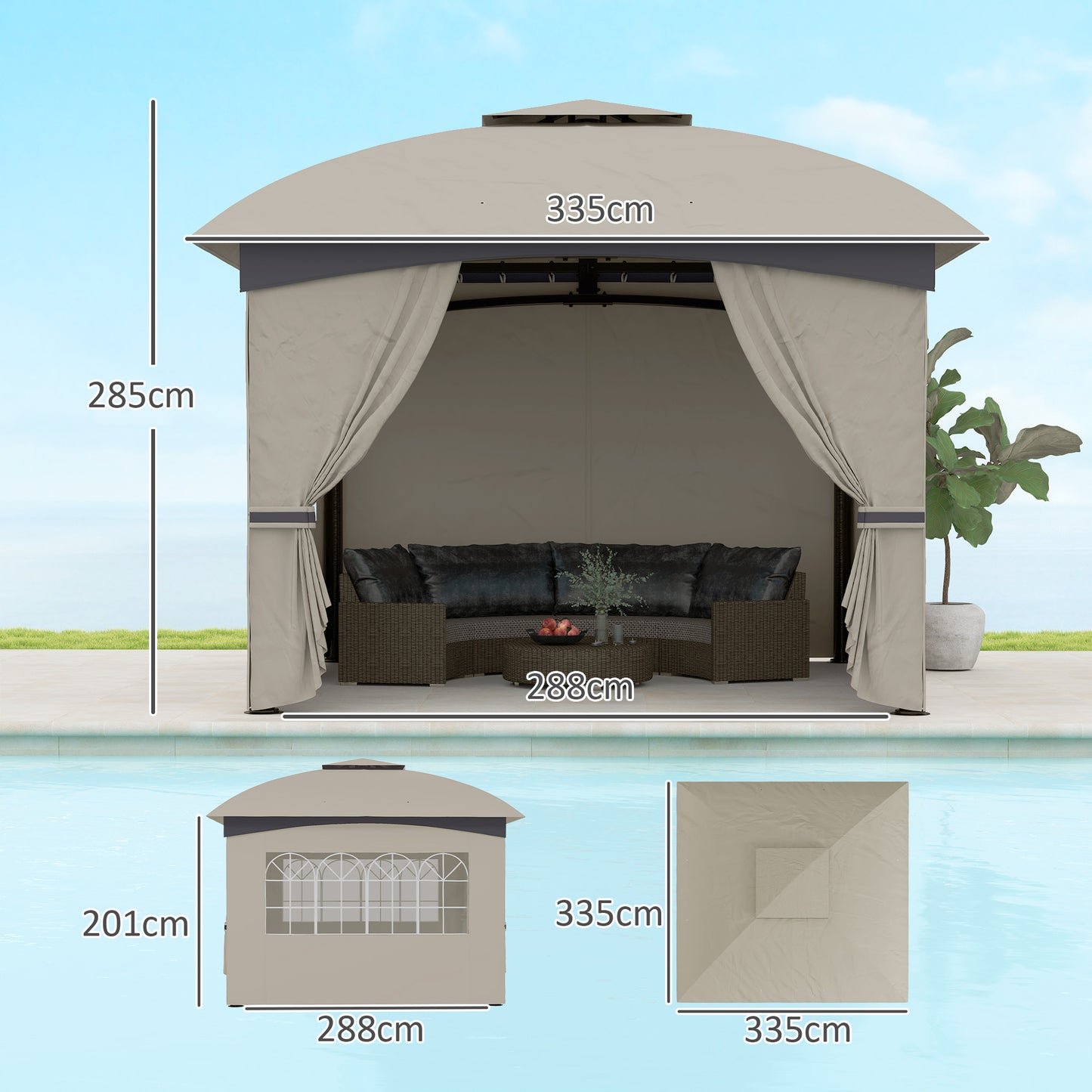 Outsunny 3,4 x 3,4 m Gartenpavillon, Bierzelt mit Lüftungsdach, Bogenfenstern, Stahlgestell, Hellgrau