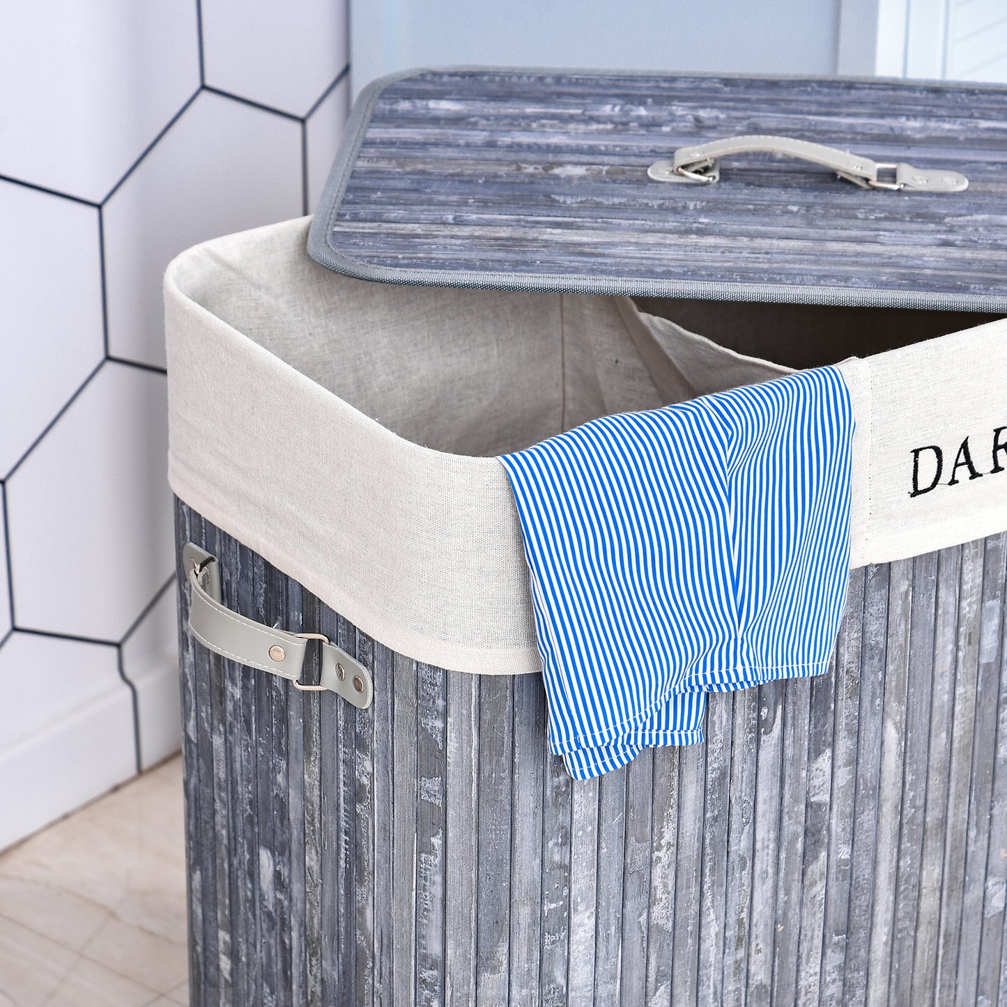 HOMCOM Bambus Wäschekorb mit Deckel 100 L Wäschesammler mit PU-Griffen, Wäschesack aus Segeltuch, Laundry Baskets Wäschesortierer für Waschküche Schlafzimmer Badezimmer Grau