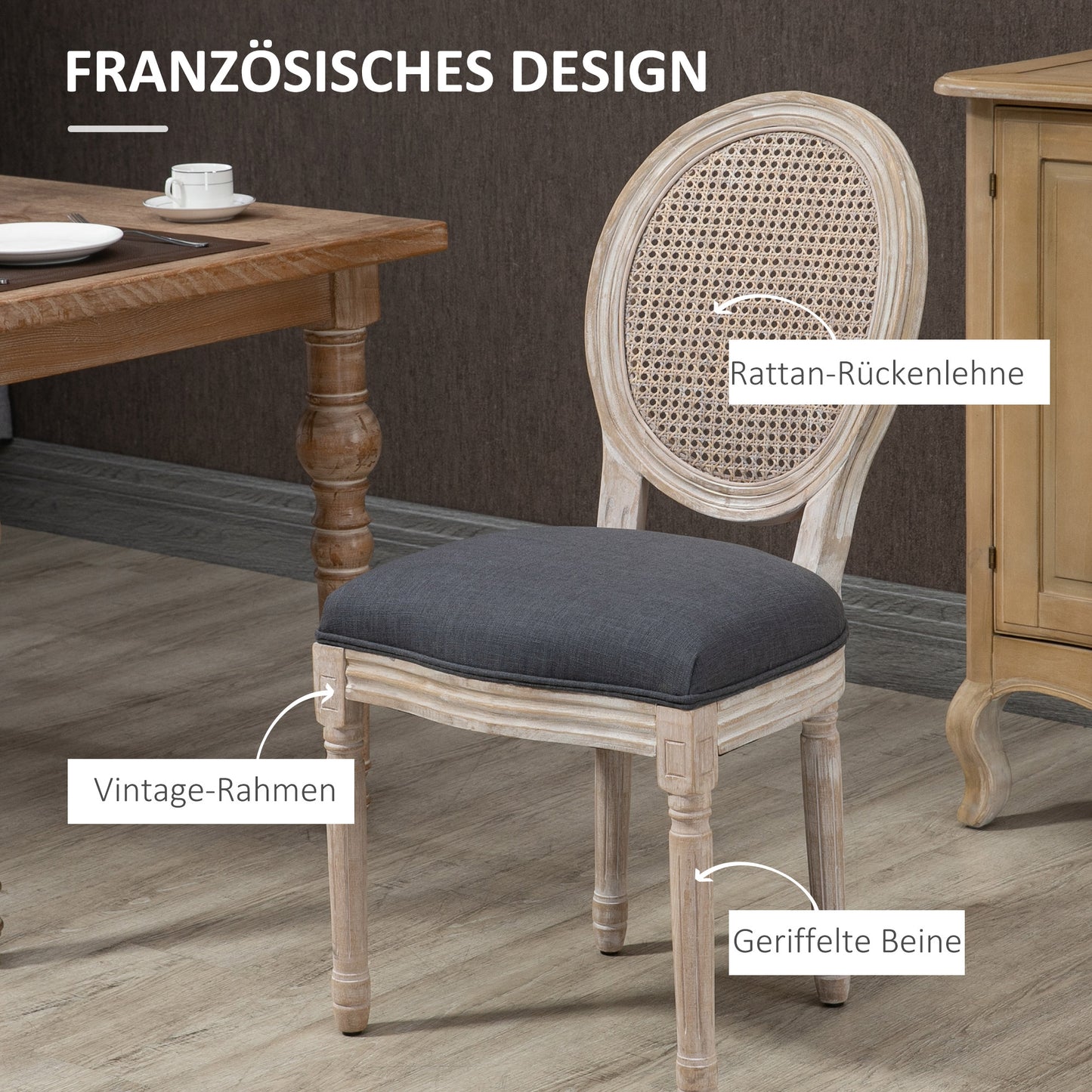 HOMCOM Küchenstühle im 2er-Set, weich gepolstert, Vintage-Design, Rattanoptik, Grau