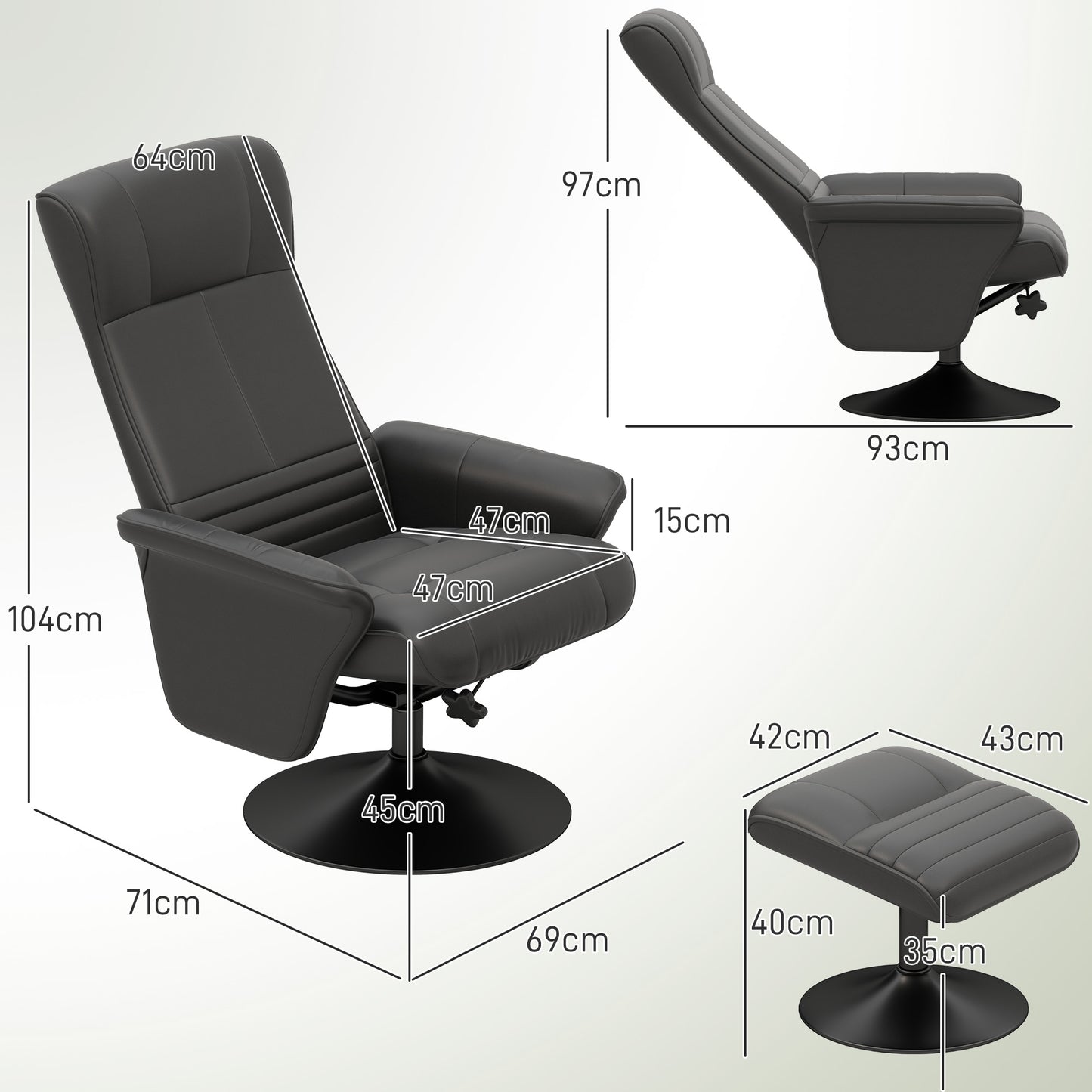 HOMCOM Polstersessel, Akzentsessel mit Hocker, drehbar, ergonomisch, Mikrofasertuchoptik, bis 150 kg, Schwarz