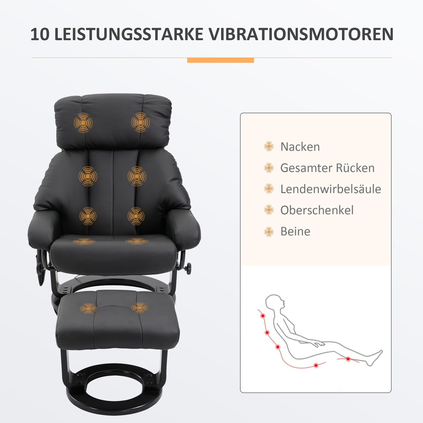 HOMCOM Relaxsessel mit Fußhocker, Massagesessel mit Liegefunktion, Elektrischer Liegesessel mit Fernbedienung, Fernsehsessel mit Seitentasche, Kunstleder, Schwarz