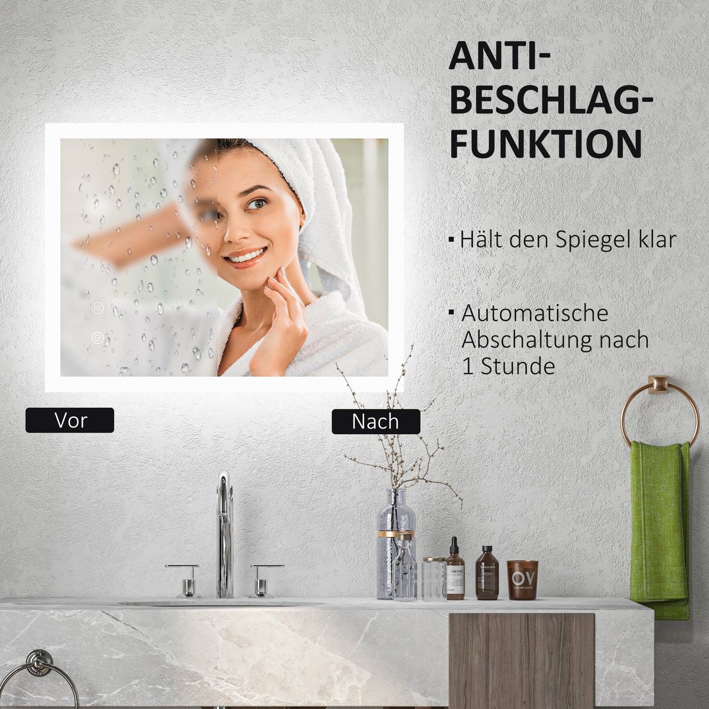kleankin LED Badezimmerspiegel, Hintergrundbeleuchtung, Touch-Funktion, Memory-Funktion, kein Beschlagen, 80 x 60 cm