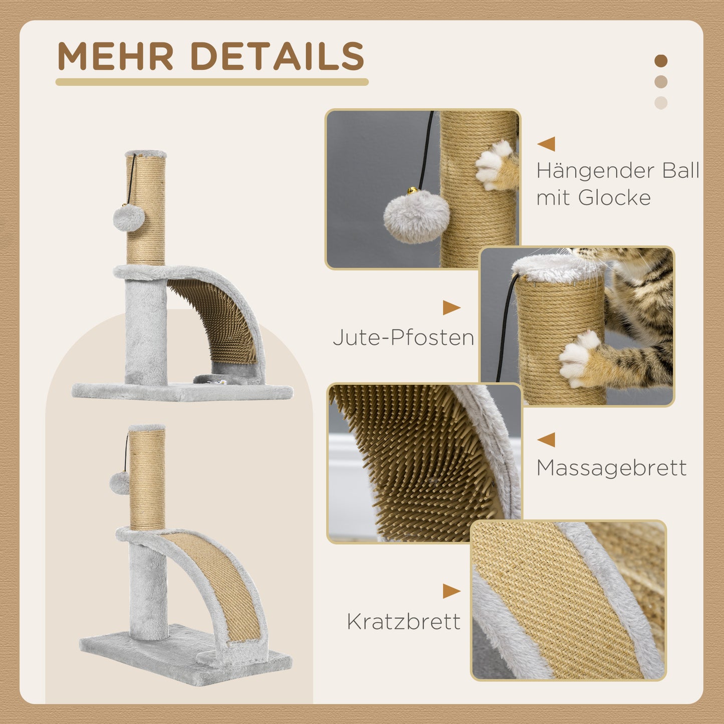 PawHut Katzenkratzbaum, Jutebespannung, hängende Kugel mit Glocke, Kratzbrett, 34L x 24B x 43H cm, Grau
