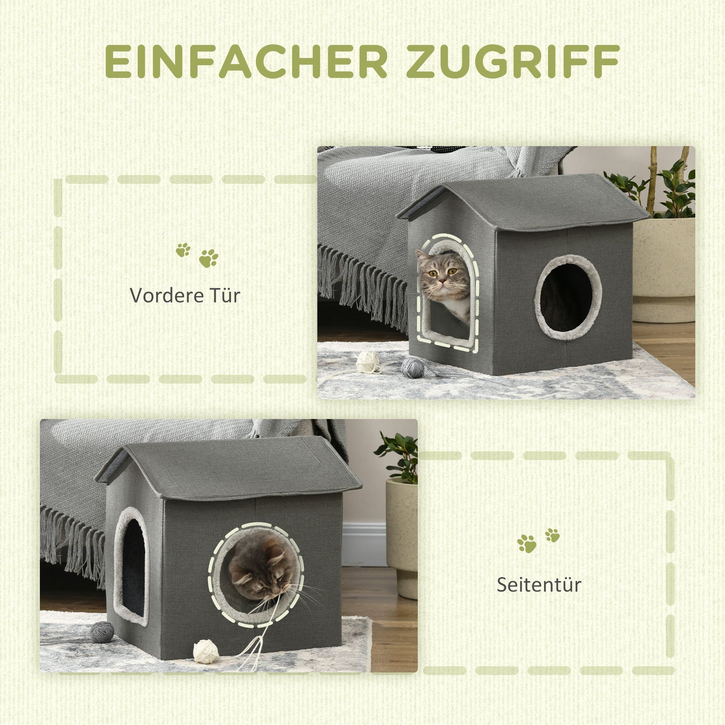 PawHut Katzenhöhle mit Kissen, Katzenbett, Haustier-Reisebett, waschbares Kissen, Khaki/Grün