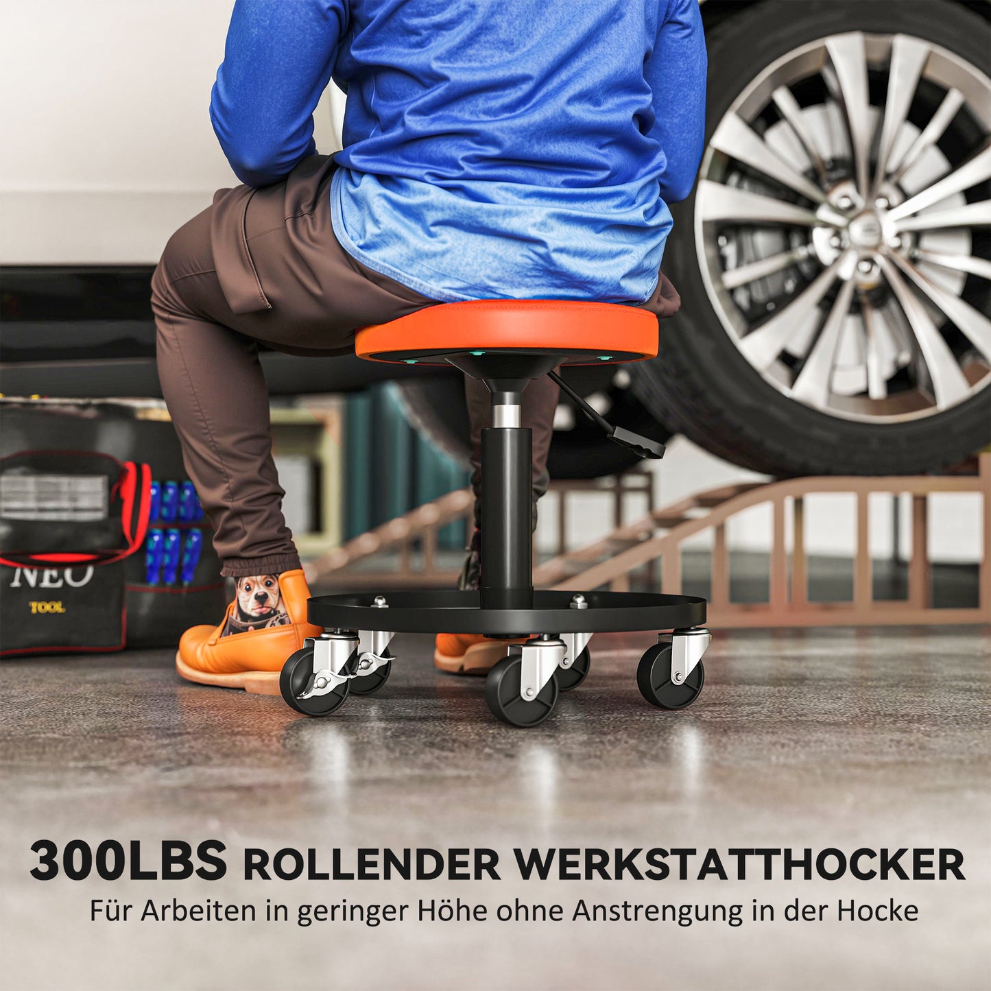 HOMCOM Werkstatthocker mit Rollen Ablagefläche höhenverstellbar 38-50 سم مكرر 135 كجم شريط برتقالي