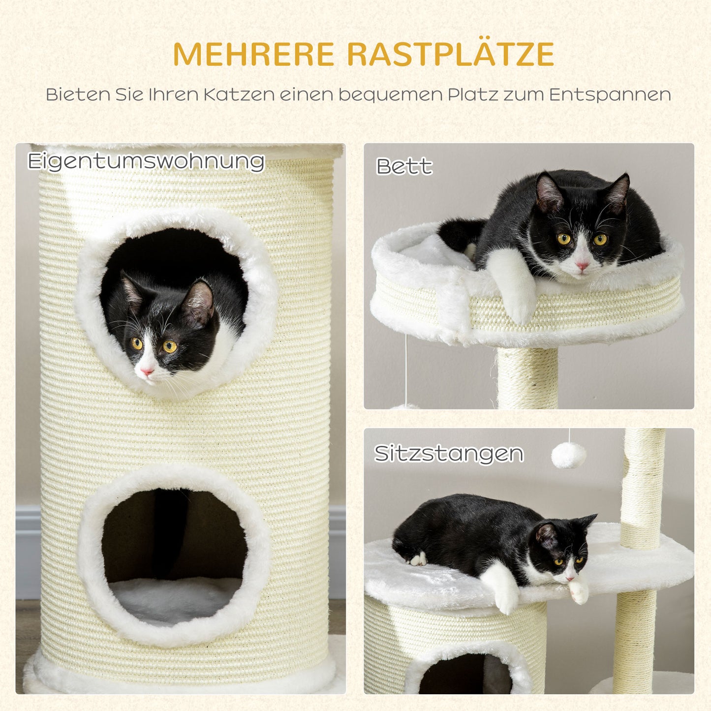 PawHut Kratzbaum mit Kratztonne, 1 Katzenbett und Katzenspielzeug, 59 cm x 35 cm x 100 cm, Cremeweiß
