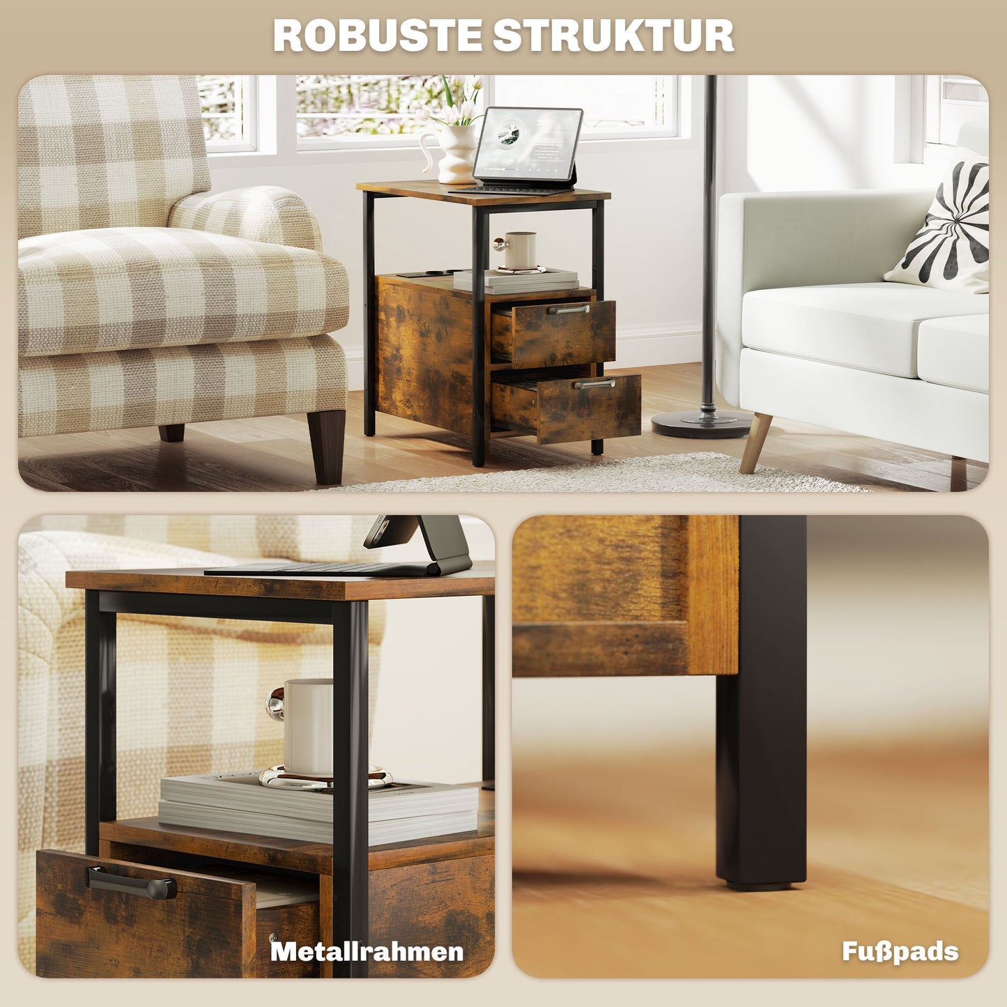 HOMCOM Beistelltisch mit Aufladestation, USB-Anschlüssen, Steckdosen, 2 Schubladen und Regal für Wohnzimmer, Schlafzimmer