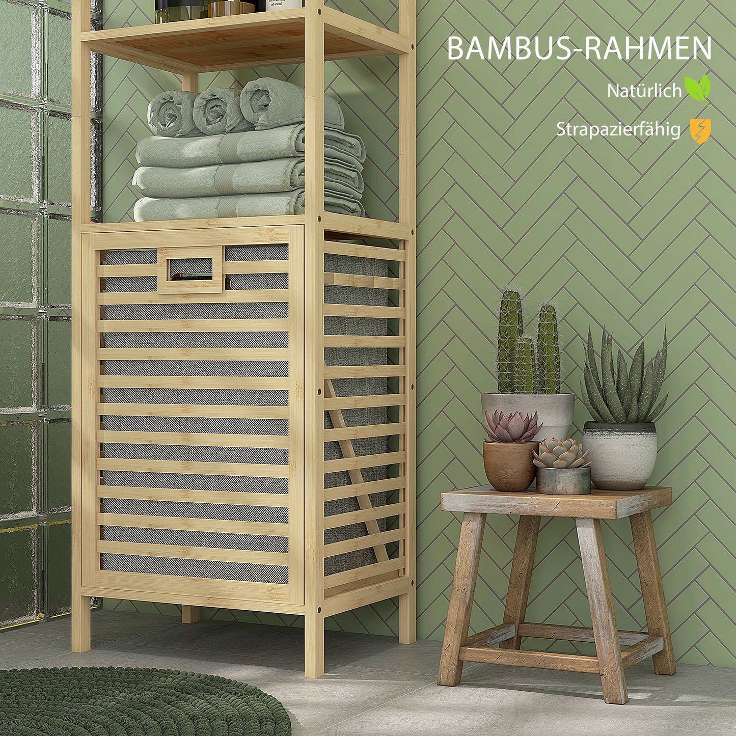 HOMCOM Badezimmerregal, mit Wäschesammler, 3 Regalböden, Bambusrahmen, 44x33x160cm, Natur