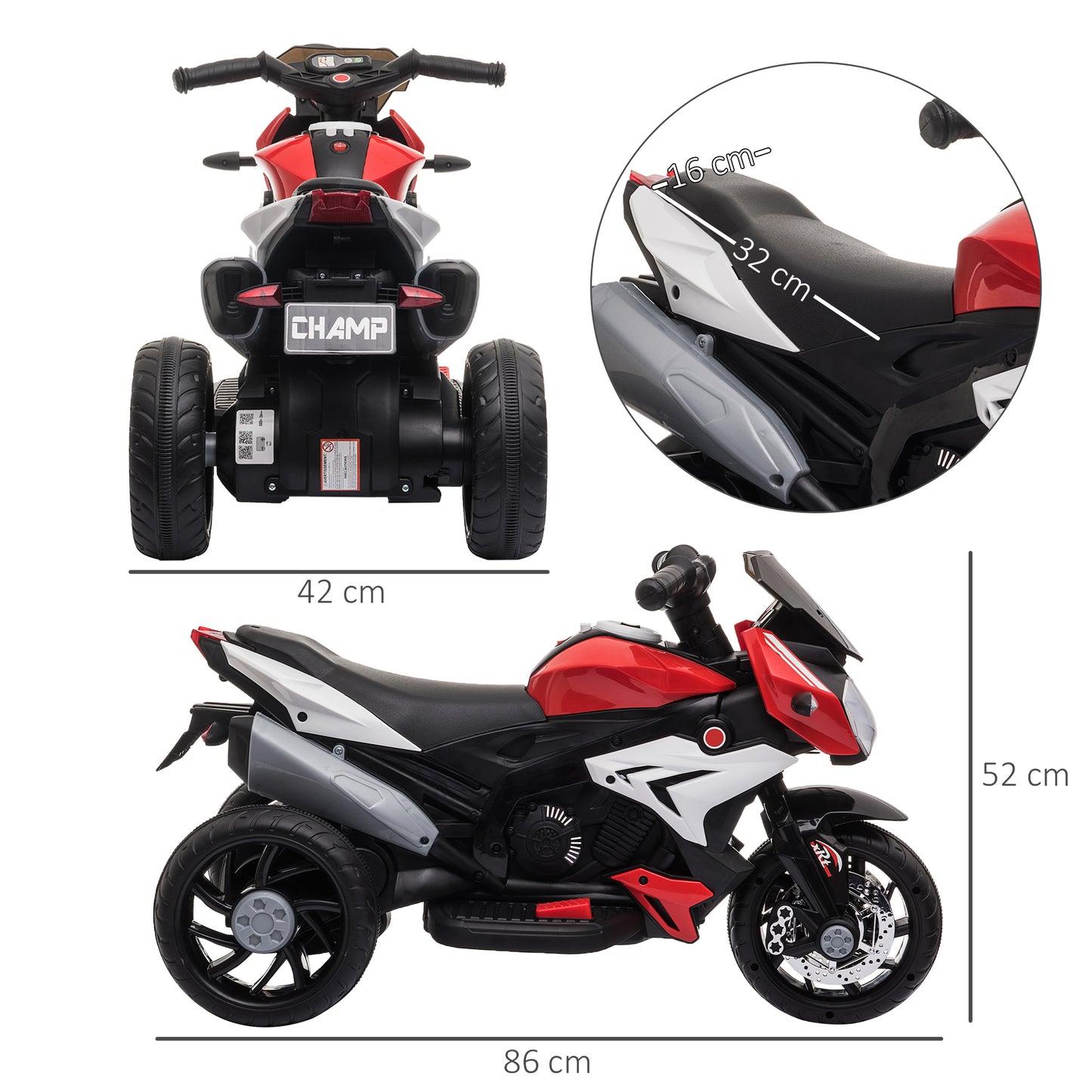 HOMCOM Elektro-Kindermotorrad, Lichter & Geräusche, 3 km/h, wiederaufladbar, Kunststoff & Metall, Schwarz/Rot
