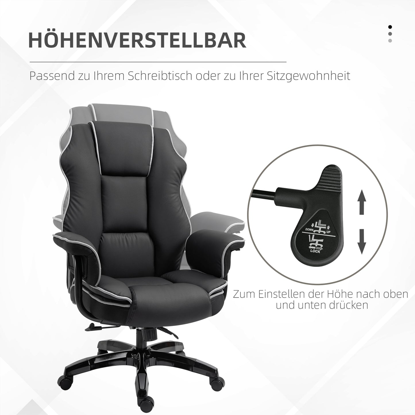 Vinsetto Bürostuhl, Ergonomisch Schreibtischstuhl mit Liegefunktion, Drehfunktion, Höhenverstellbar Computerstuhl für Home-Office, Kunstleder, Schwarz