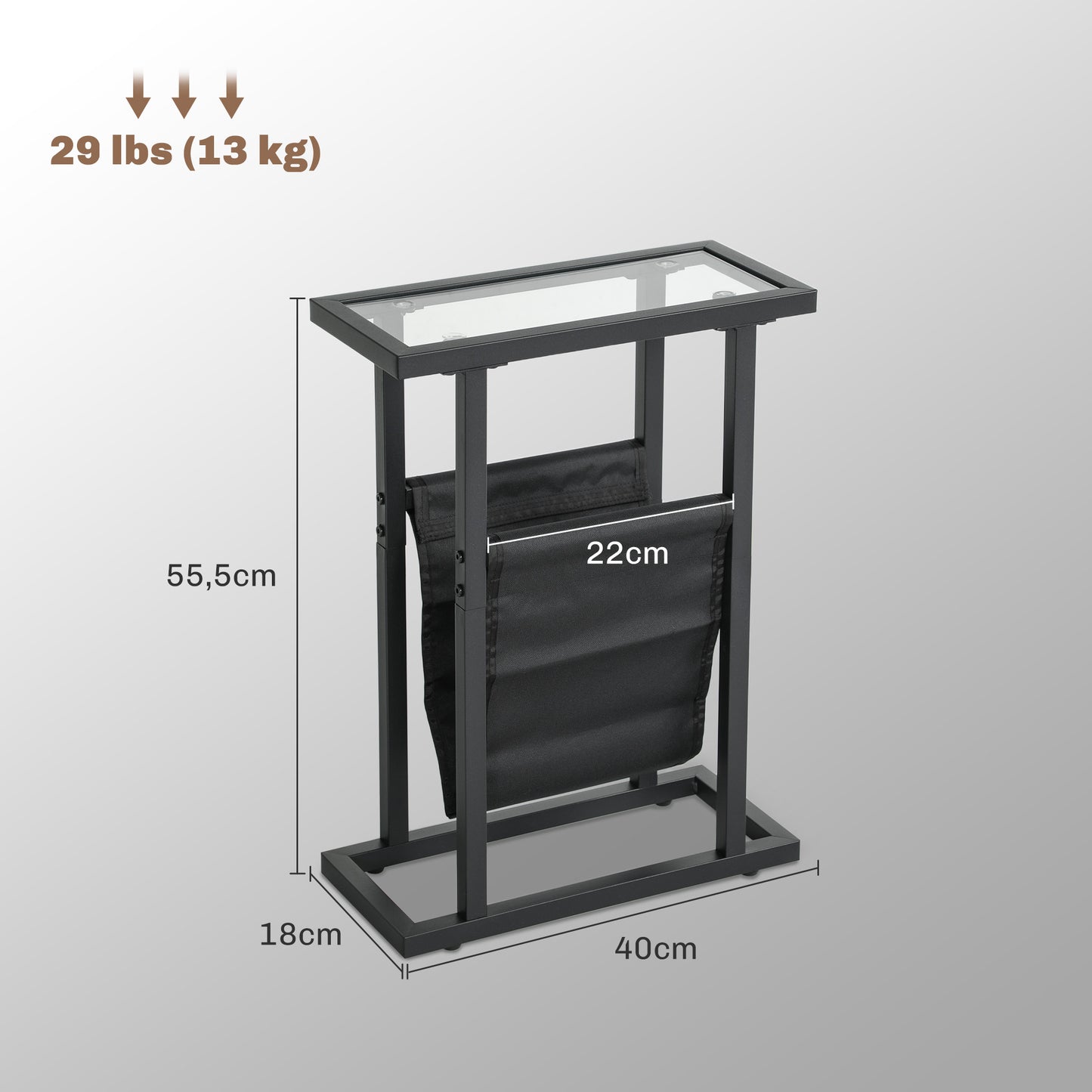 HOMCOM Beistelltisch aus Metall mit Stofftasche und Glasplatte, schmaler Tisch für Wohnzimmer, Schlafzimmer, Schwarz