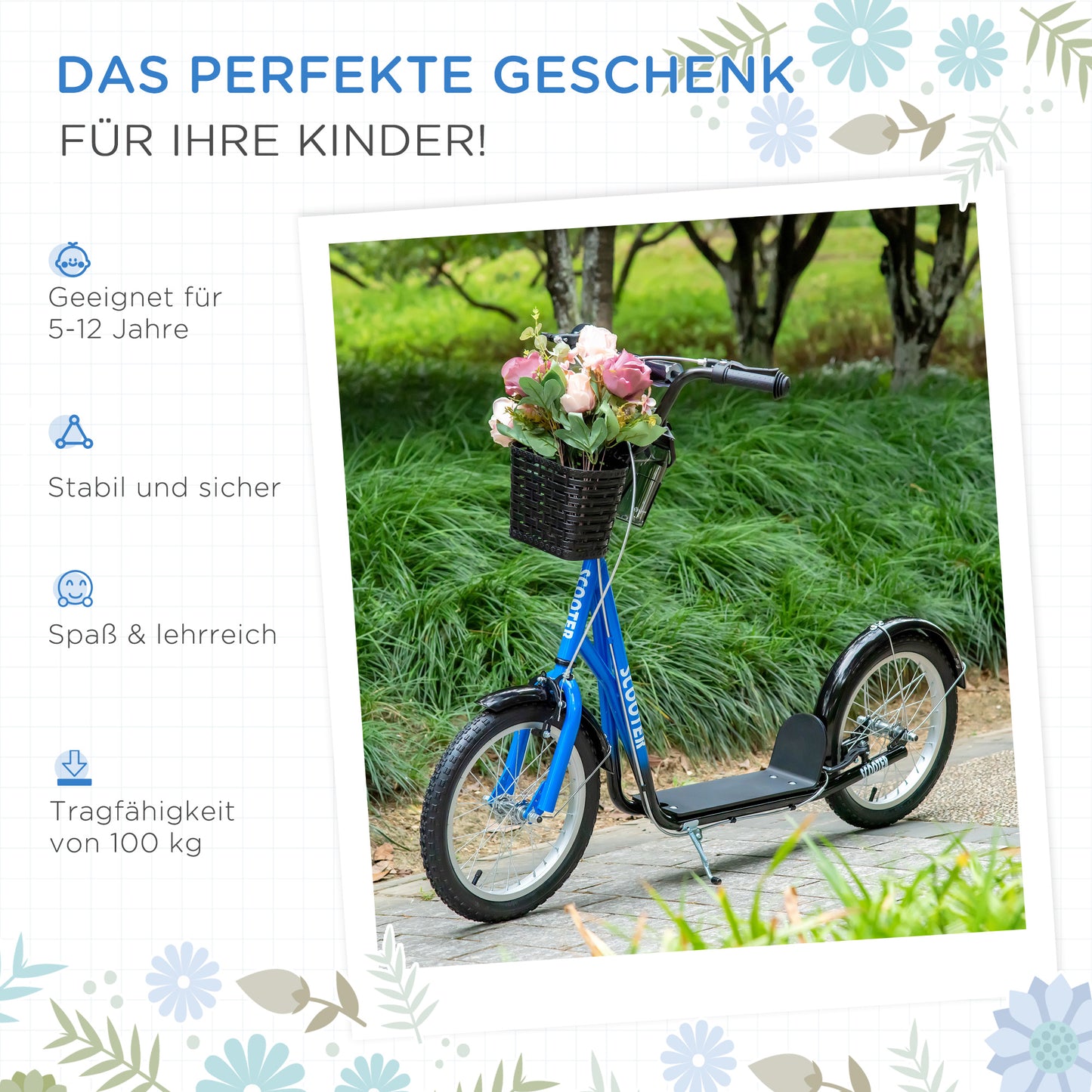 HOMCOM Kinderroller، سكوتر مع بريمسي، إنكل. Korb، höhenverstellbar، للأطفال من عمر 5 إلى 12 عامًا، أزرق+أسود
