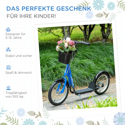HOMCOM Kinderroller، سكوتر مع بريمسي، إنكل. Korb، höhenverstellbar، للأطفال من عمر 5 إلى 12 عامًا، أزرق+أسود