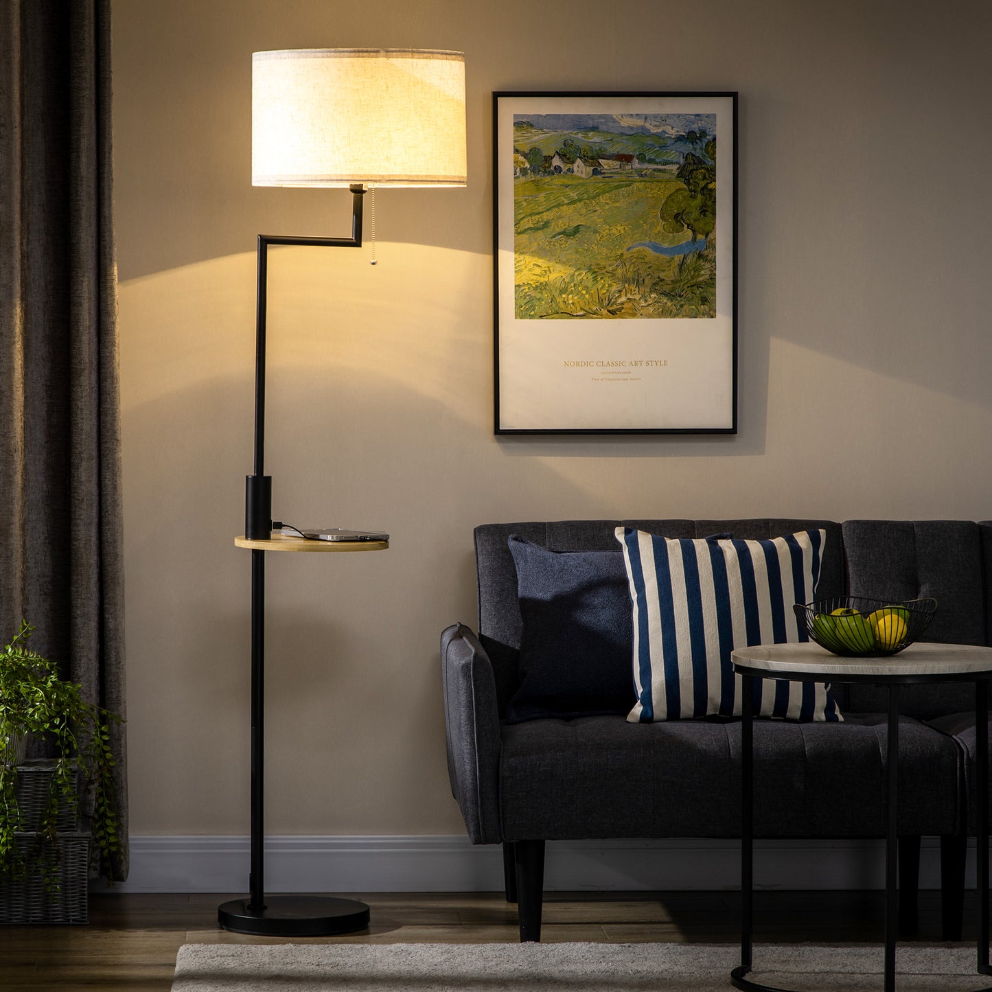 HOMCOM Stehleuchte inkl. Regal, Standleuchte, Kettenzug, E 27, 40 W, Bambus, Natur + Schwarz