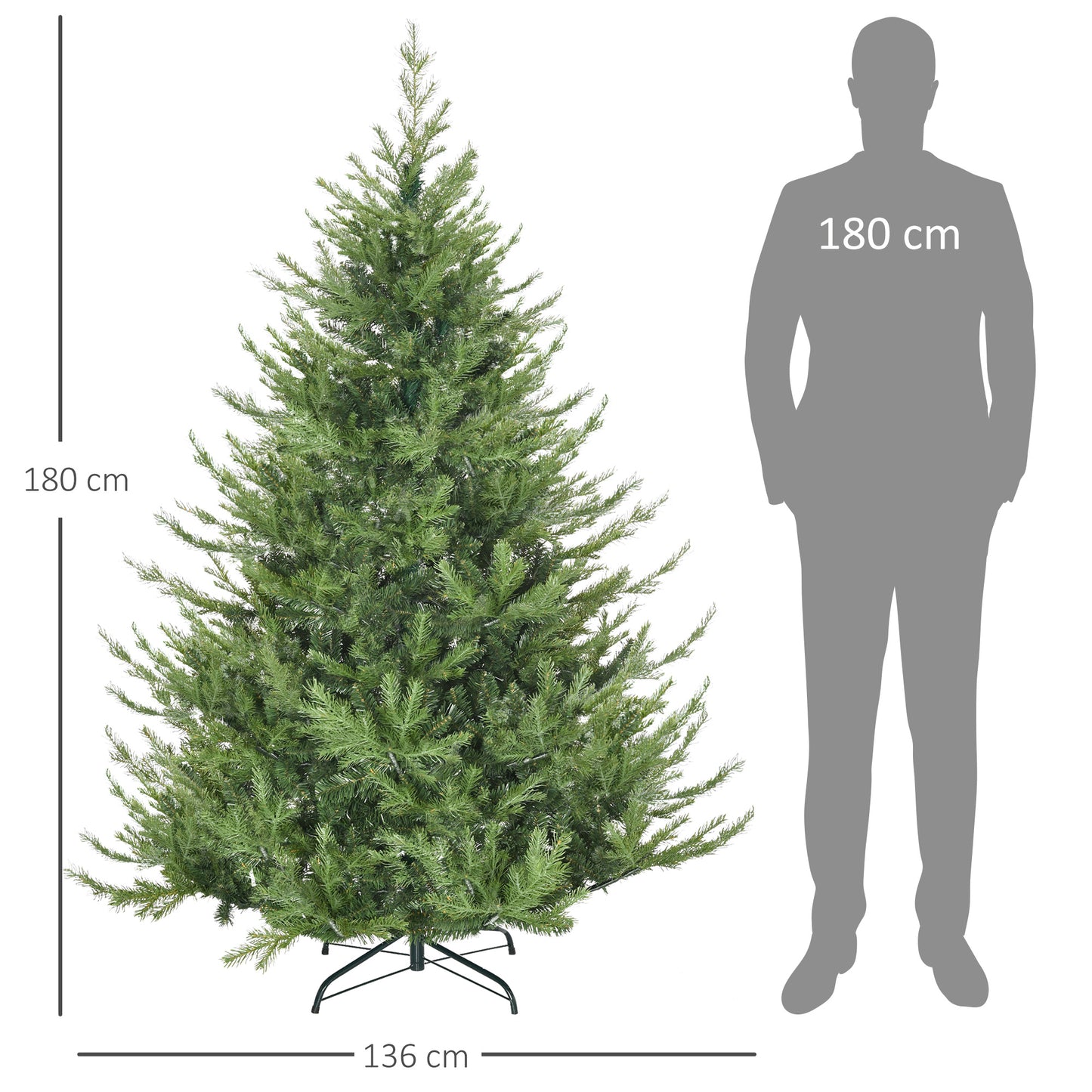 HOMCOM Weihnachtsbaum, Kunsttanne, realistisches Aussehen, schneller Aufbau, Kunststoff, Grün, 136 x 136 x 180cm