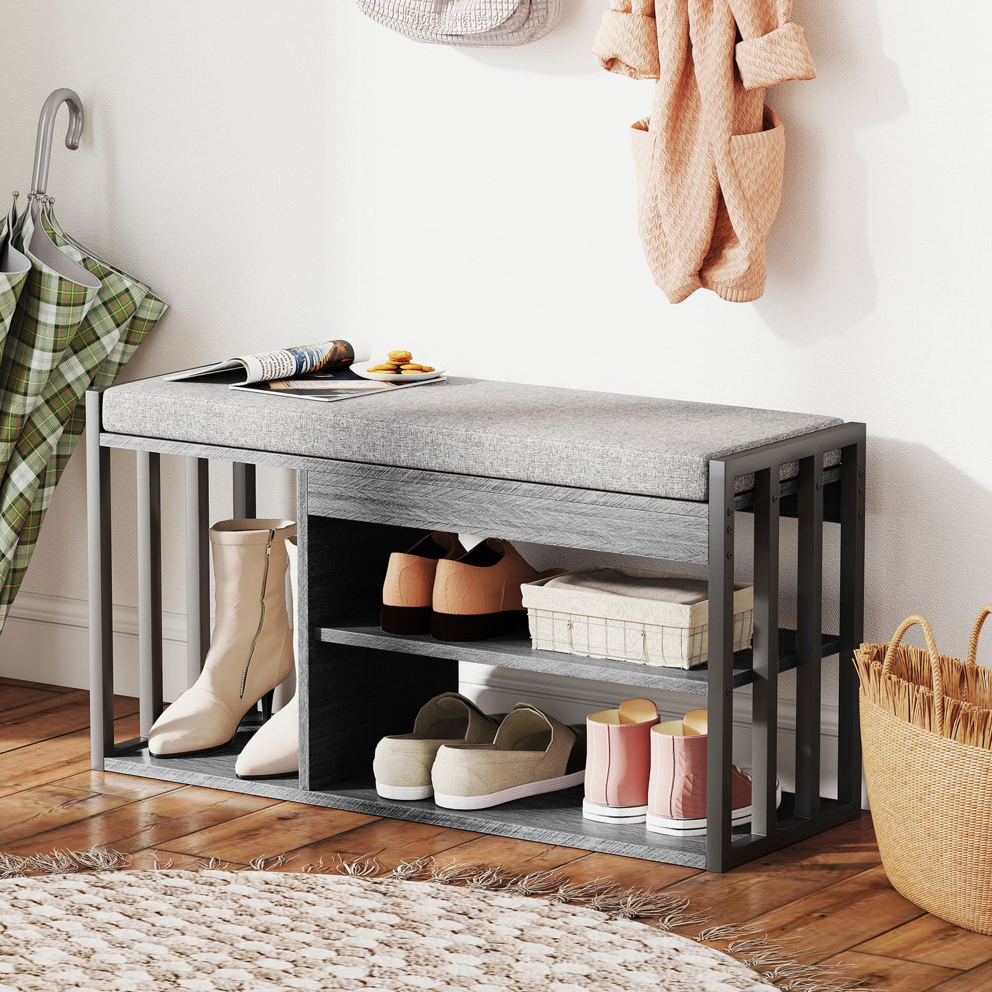 HOMCOM Schuhregal mit Sitzbank, Flurregal für Schuhe, Schuhschrank mit 3-stufigem Design, für Flur, Eingangsbereich, Wohnzimmer, Schlafzimmer, Grau