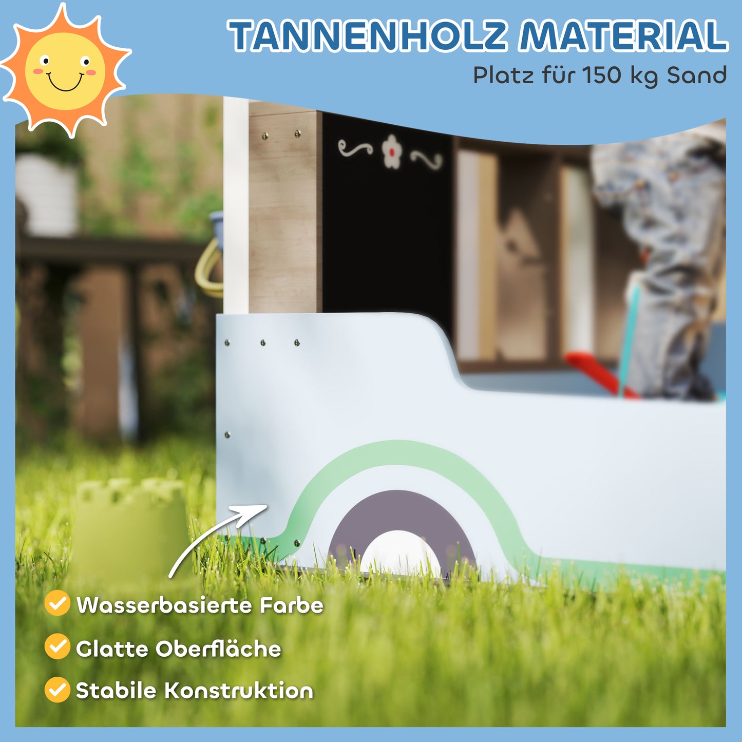 AIYAPLAY Sandkasten mit Vordach, Einkaufsladen-Design, Sitzbank, Zeichentafel, Tannenholz, 104H x 108L x 90B cm, Blau