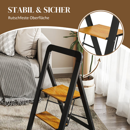 HOMCOM 2-stufige Trittleiter، Metall، faltbar، rutschfeste Plattform، Schwarz