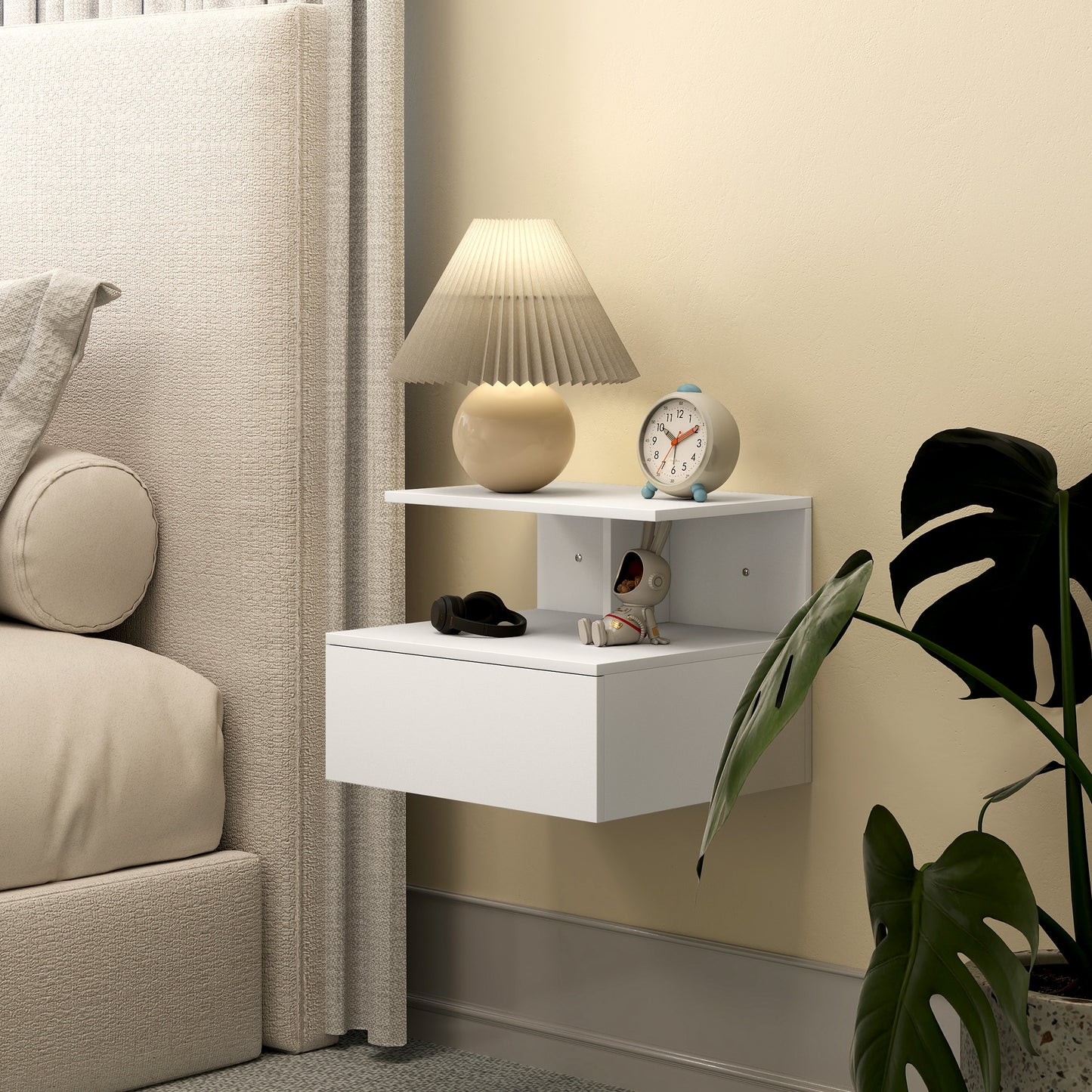 HOMCOM Nachttisch hängend Beistelltisch mit Schublade, offenes Fach Weiß, 39,8 x 35 x 31,6 cm