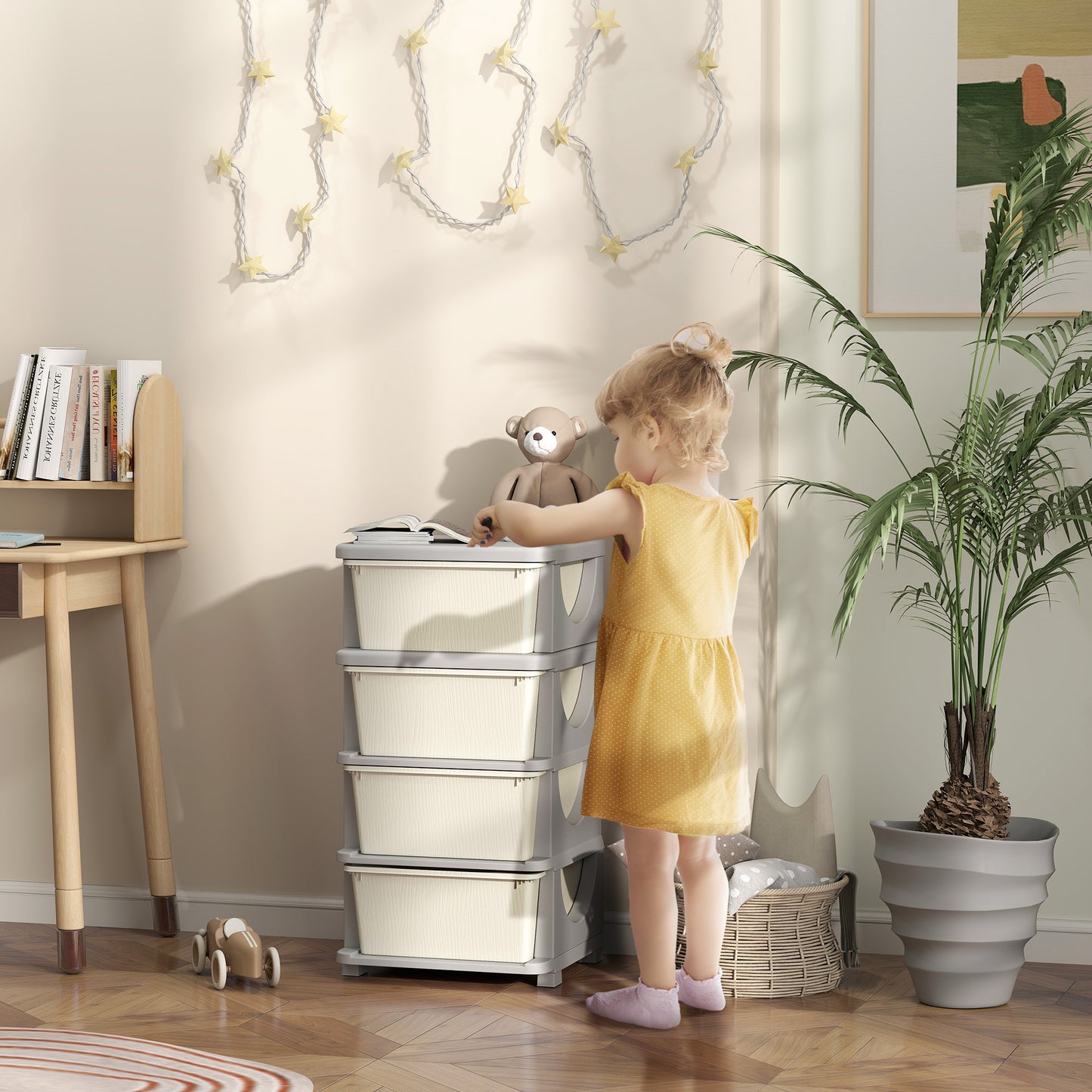 HOMCOM Aufbewahrungsboxen für Kinder, 4 große Schubladen, runde Kanten, Kunststoff, 37x37x76 cm, Cremeweiß